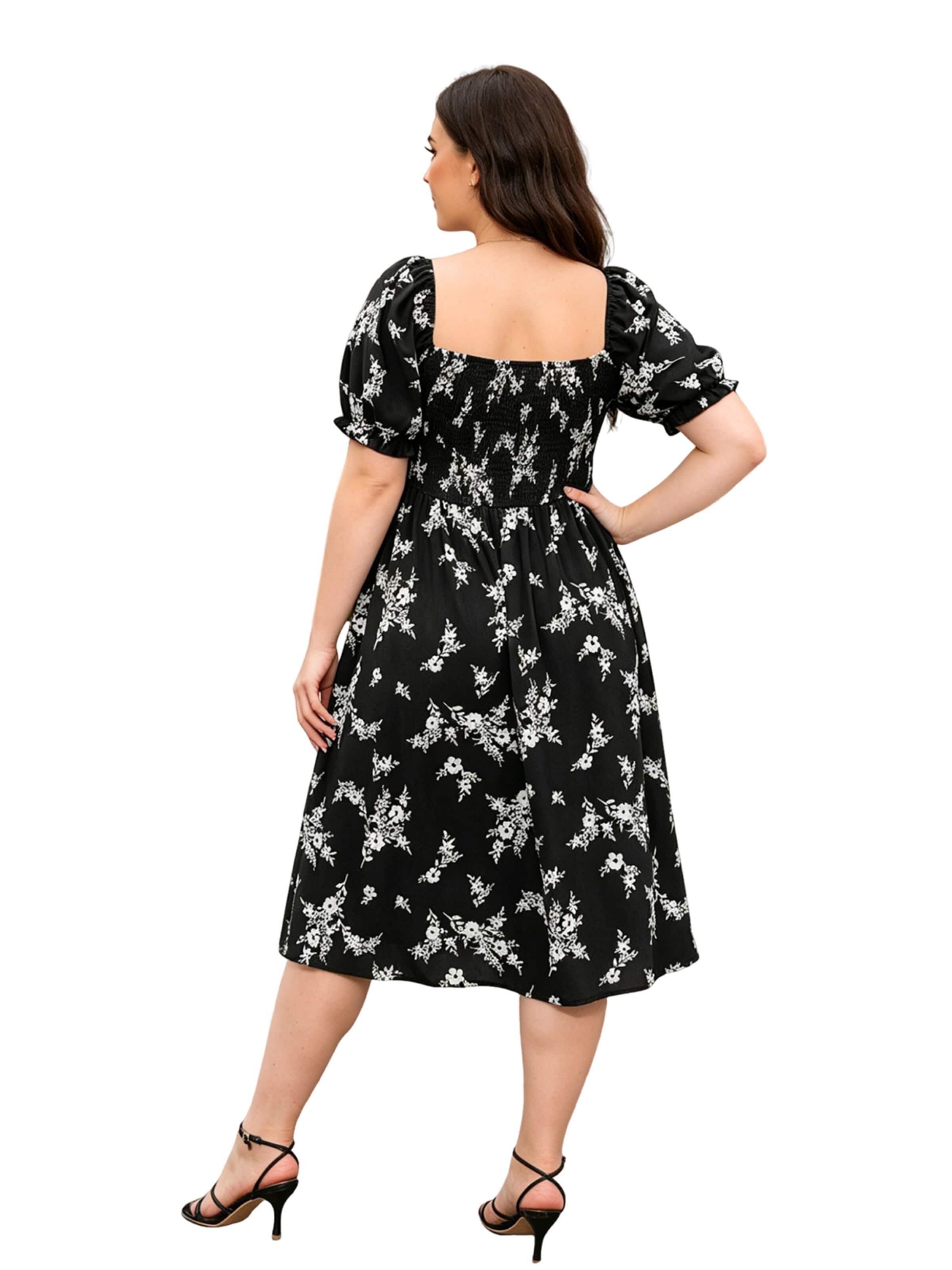 KoJooin Sukienka 'Große Größen Sommer Kleid Blumenprint Midi Puffärmel Freizeit Standkleid' w kolorze czarny