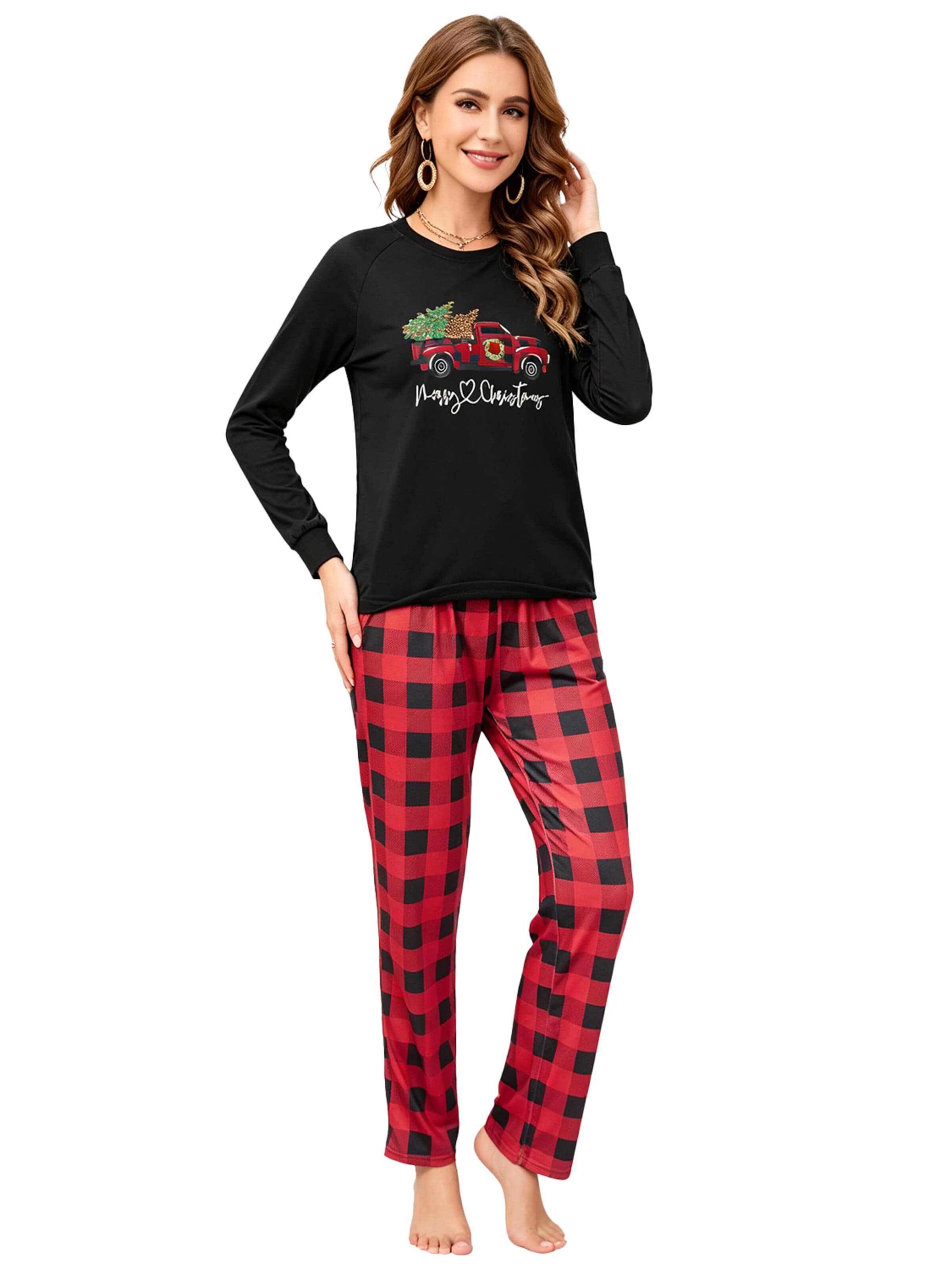 KoJooin Piżama 'Damen Weihnachts-Pyjama-Set im Karomuster Klassische,Langärmelige Loungewear zum Familien-Matching' w kolorze czerwony