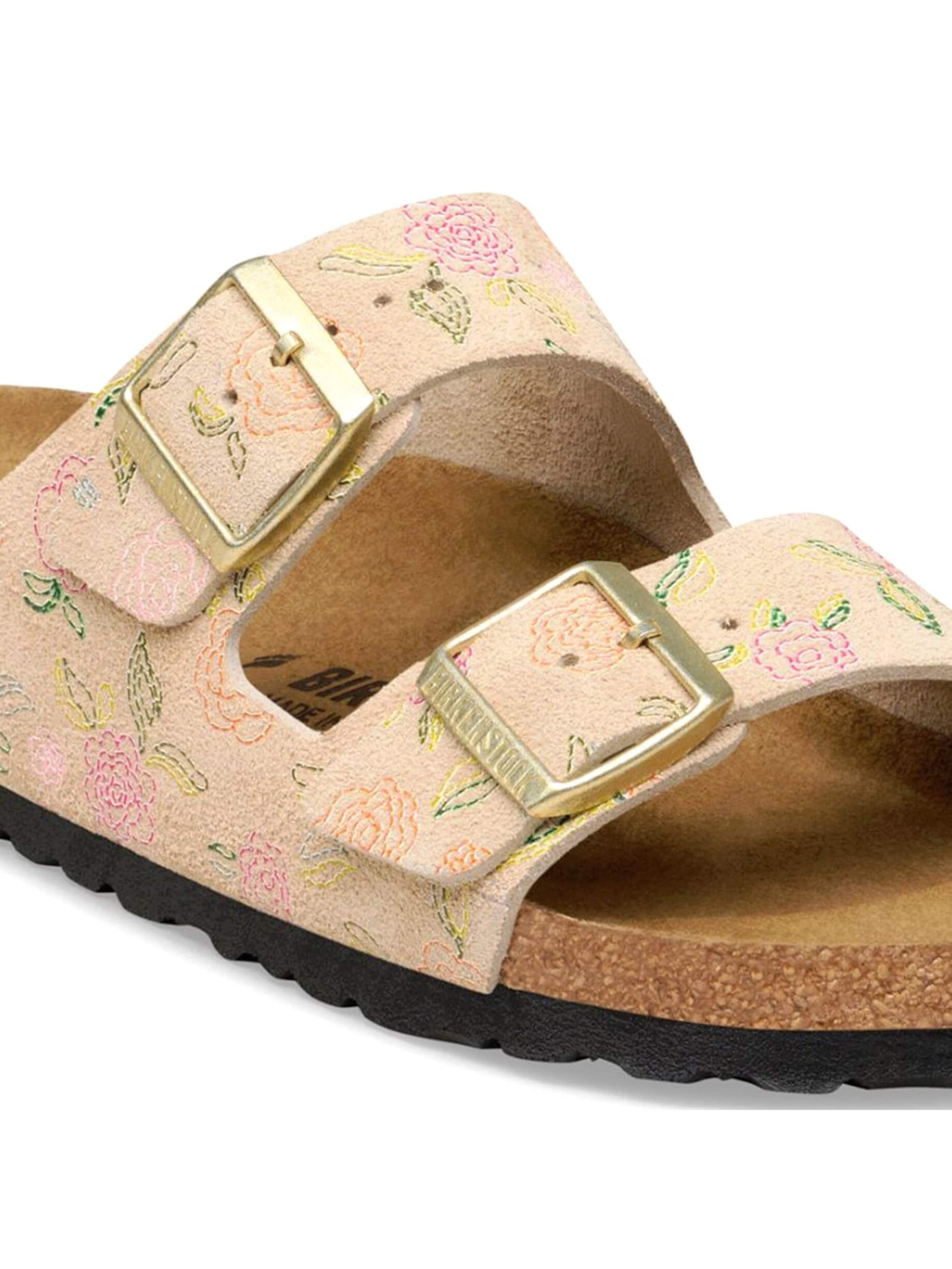 BIRKENSTOCK Klapki 'ARIZONA SUEDE LEATHER NARROW FIT SANDCASTLE FLOWER' w kolorze brązowy