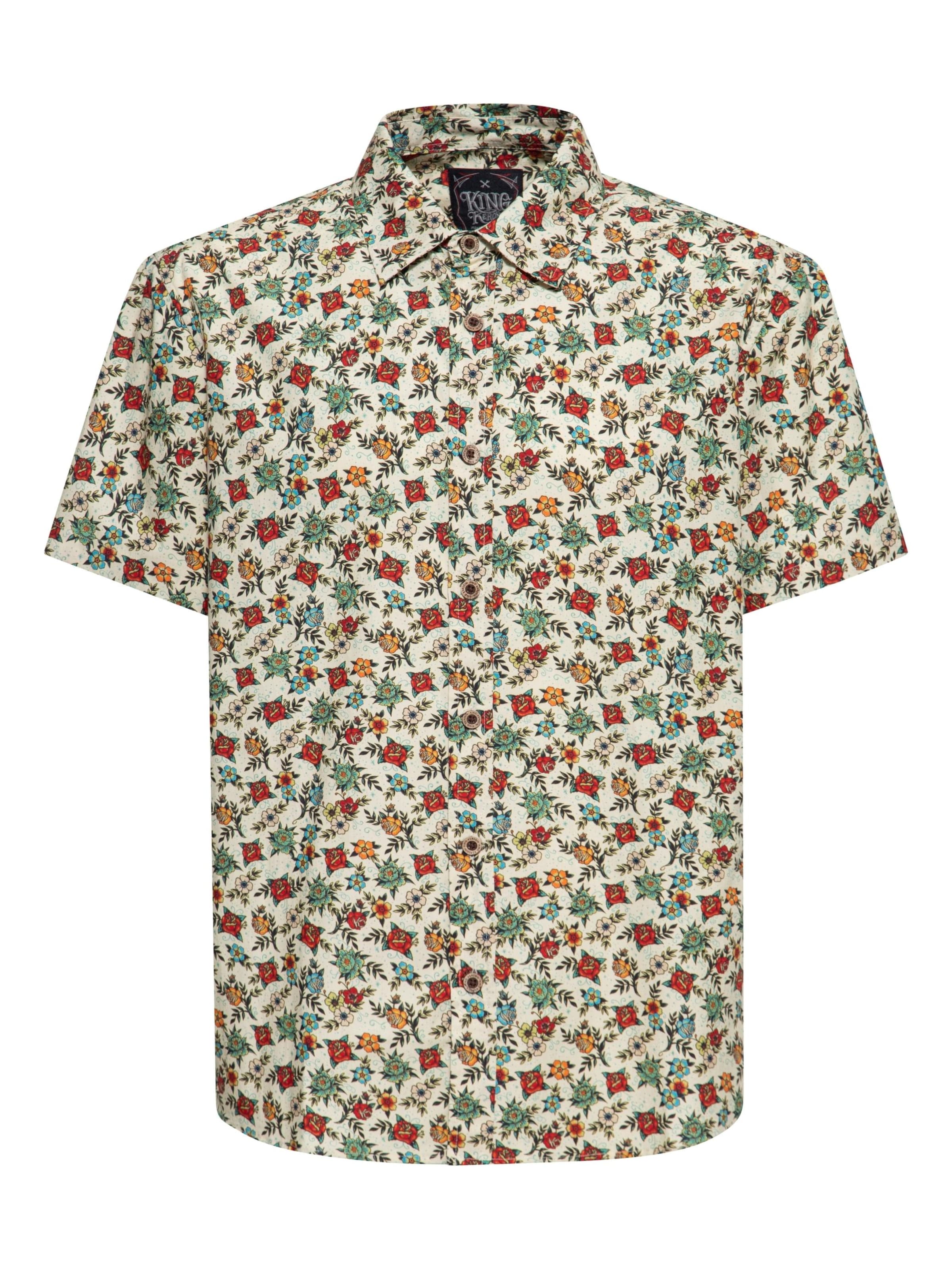 King Kerosin Regular fit Button Up Shirt 'Tattoo Flowers' in White: front