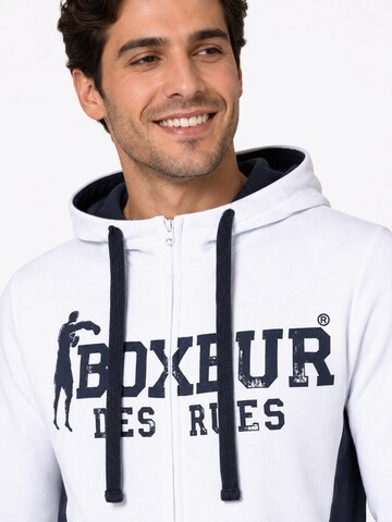 Boxeur des Rues Sweatshirt 'Herren Hoodie Fitted Boxeur des Rues mit Reißverschluss und Kapuze, Weiß mit Marineblau, Baumwolle' in White