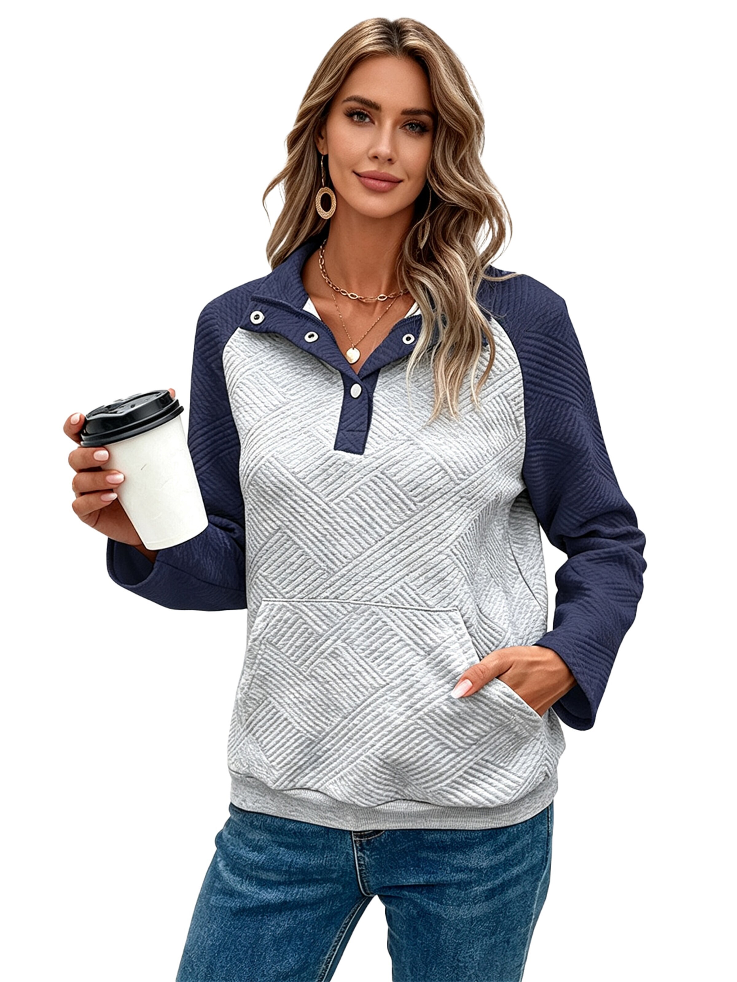 KoJooin Bluzka 'Damen Langarm Pullover mit Polo-Kragen im Colorblock-Design – Lässiger und schlichter Freizeitstyle' w kolorze niebieski