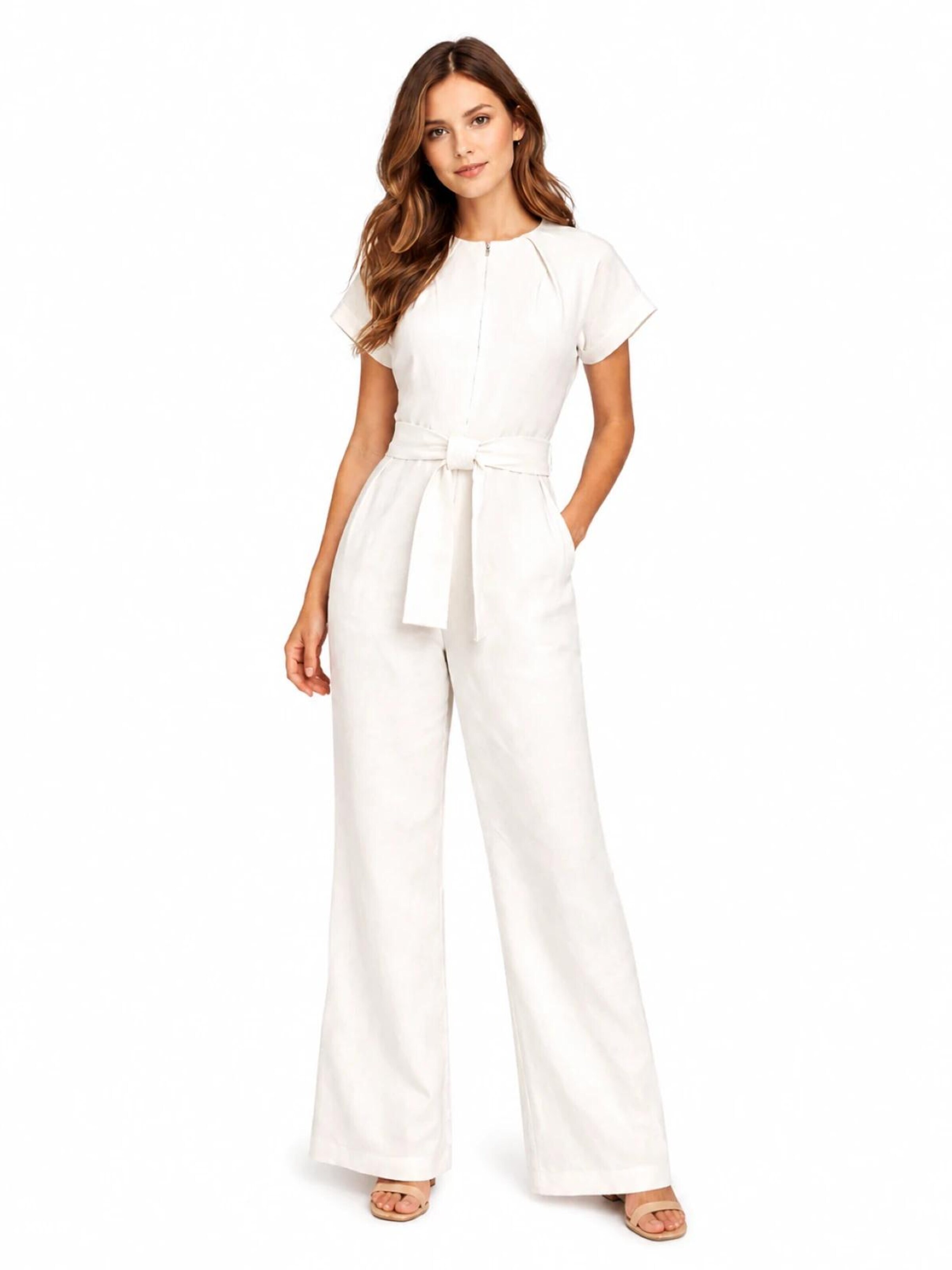 BIBI SAKALIEVA - Jumpsuit 'Cloud White Wide-Leg Jumpsuit with Belt' en blanco: frente
