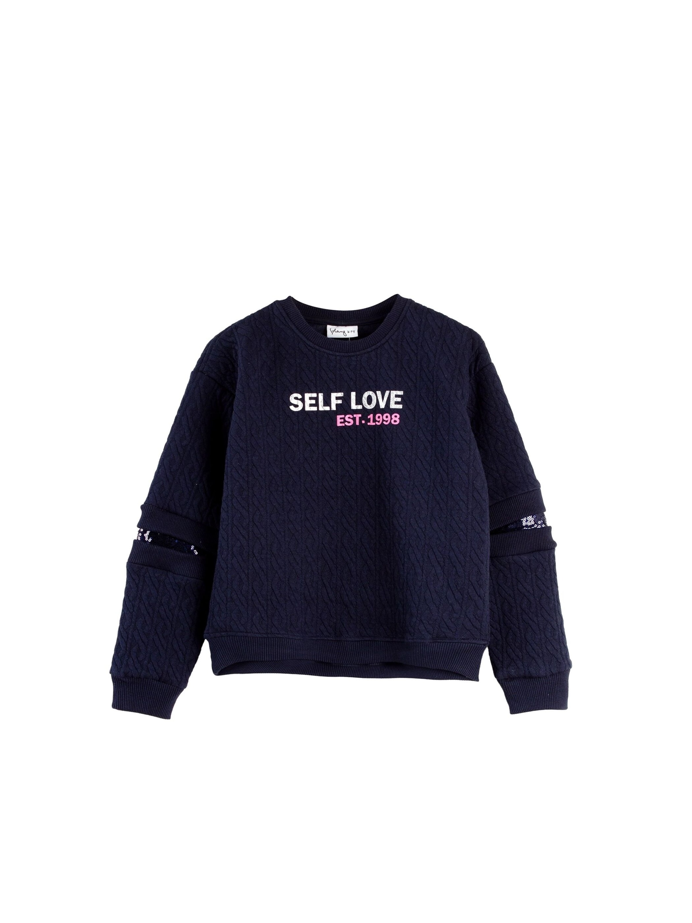 Solang Pullover Rundhals „SELF LOVE“-Frontprint in Blau: Vorderseite