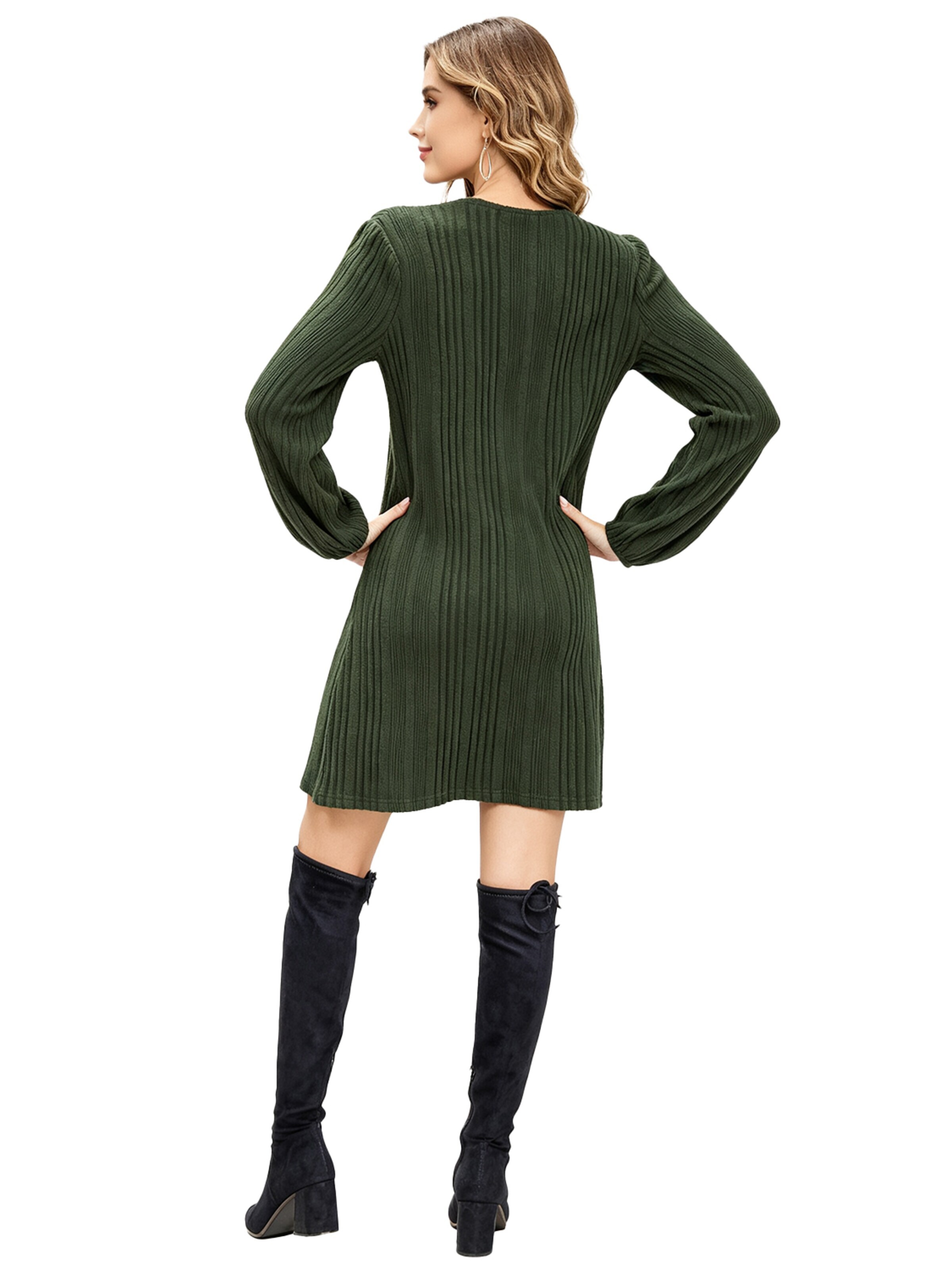 KoJooin Kleid 'Damen Strickkleid für Herbst und Winter Lässiges,Rippstrick,Fließendes Kleid mit Gürtel für Arbeit'‌‌‌‌‌‌‌ in Grün