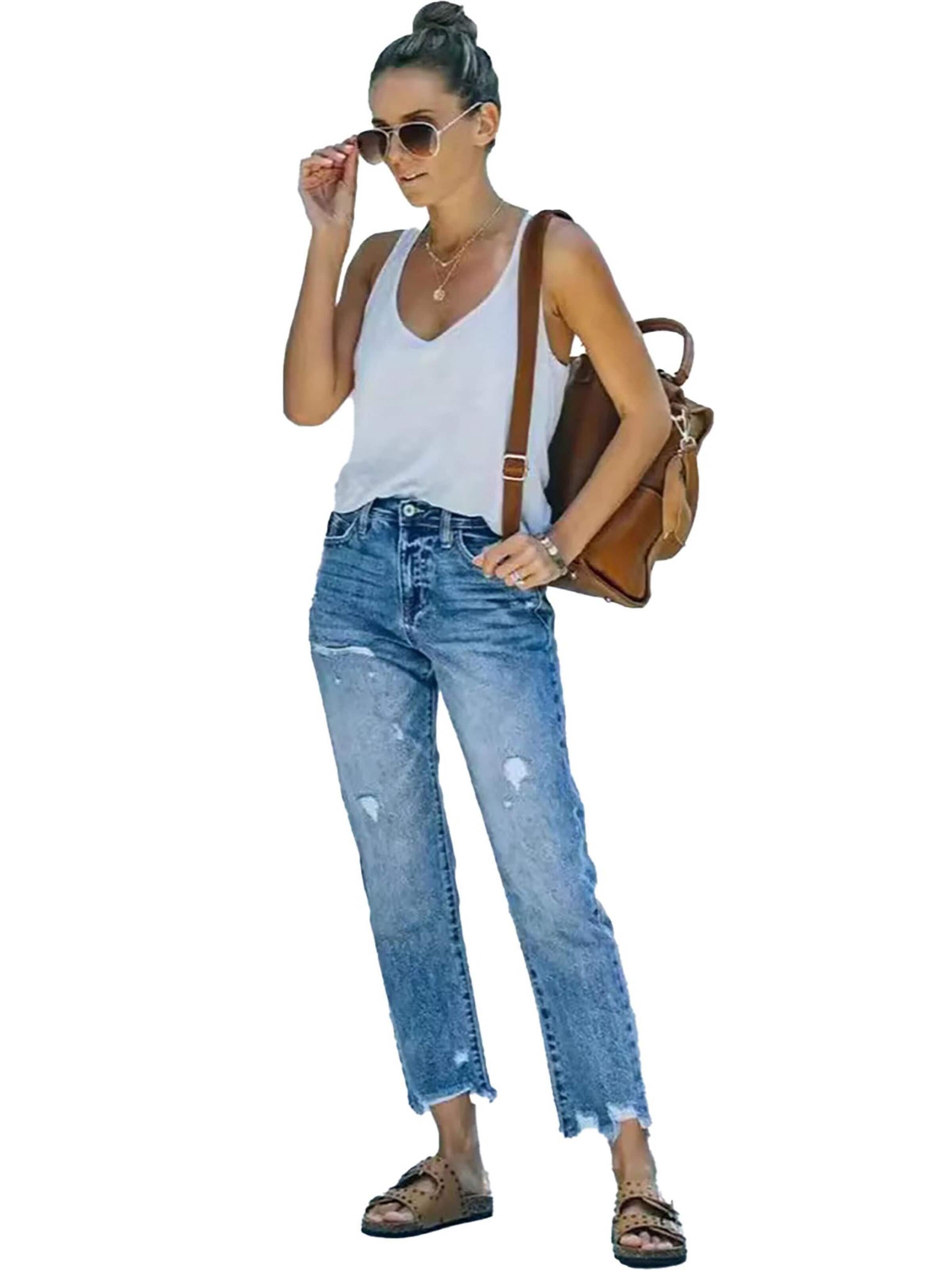 KoJooin Regular Jeans 'Damen 7/8 Straight Leg Jeans mit Used-Effekten und lässigen Destroyed-Details' in Blue