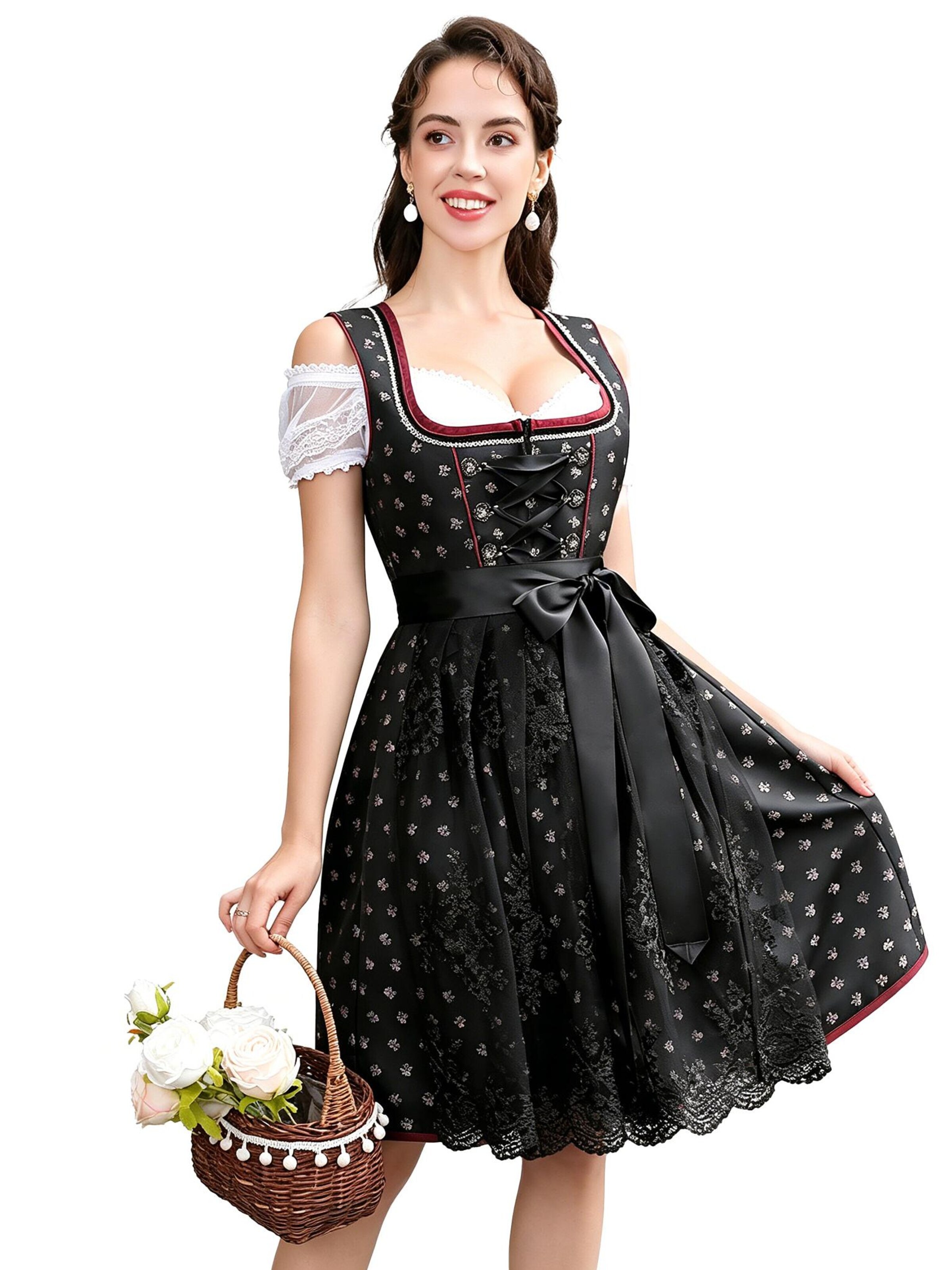 KoJooin Dirndl 'Damen Dirndl 3-teiliges Set,Blumenmuster Jacquard Spitzen Schürze Kleid, Bayerisches Oktoberfest' w kolorze czarny