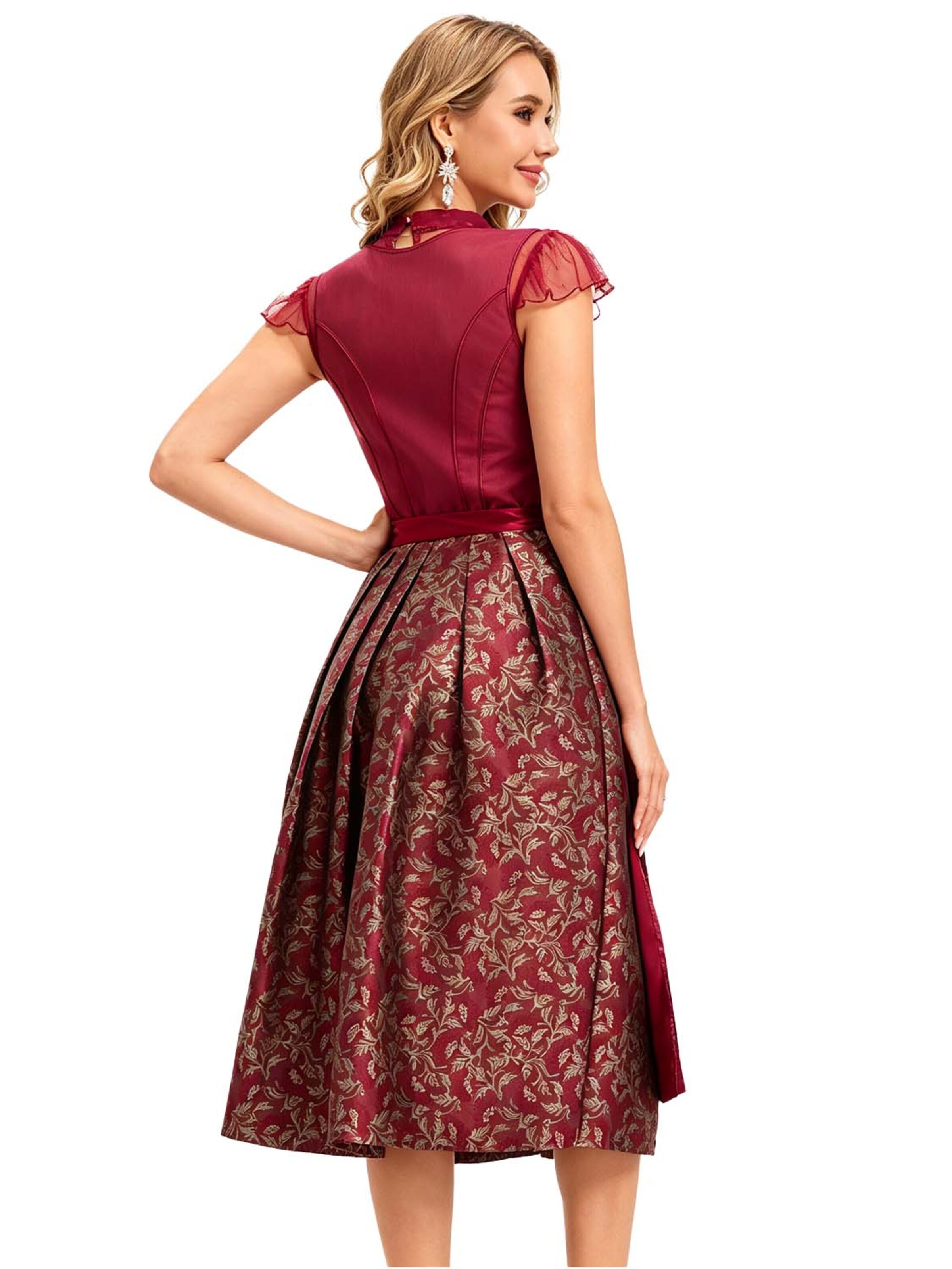 KoJooin Dirndl 'Damen Trachten-Set Baumwoll Dirndlkleid mit Jacquard,Satin-Schürze und Spitzenshirt mit Pünktchen' w kolorze czerwony