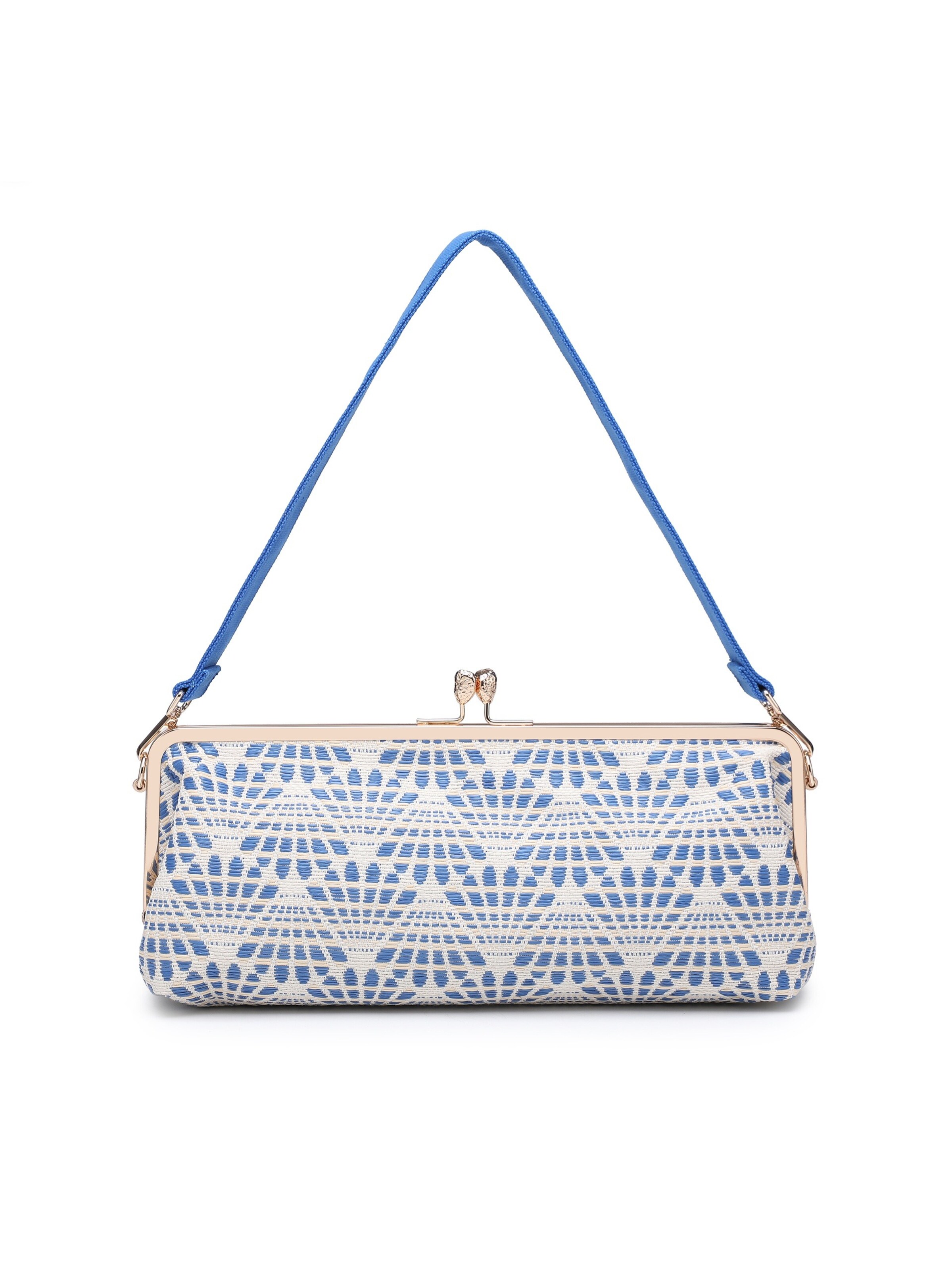 Borsa a mano 'Borsa a mano Kassandra Orlanda Plus - Chiusura fibbia, tessuto jacquard geometrico' di Kassandra in blu: frontale