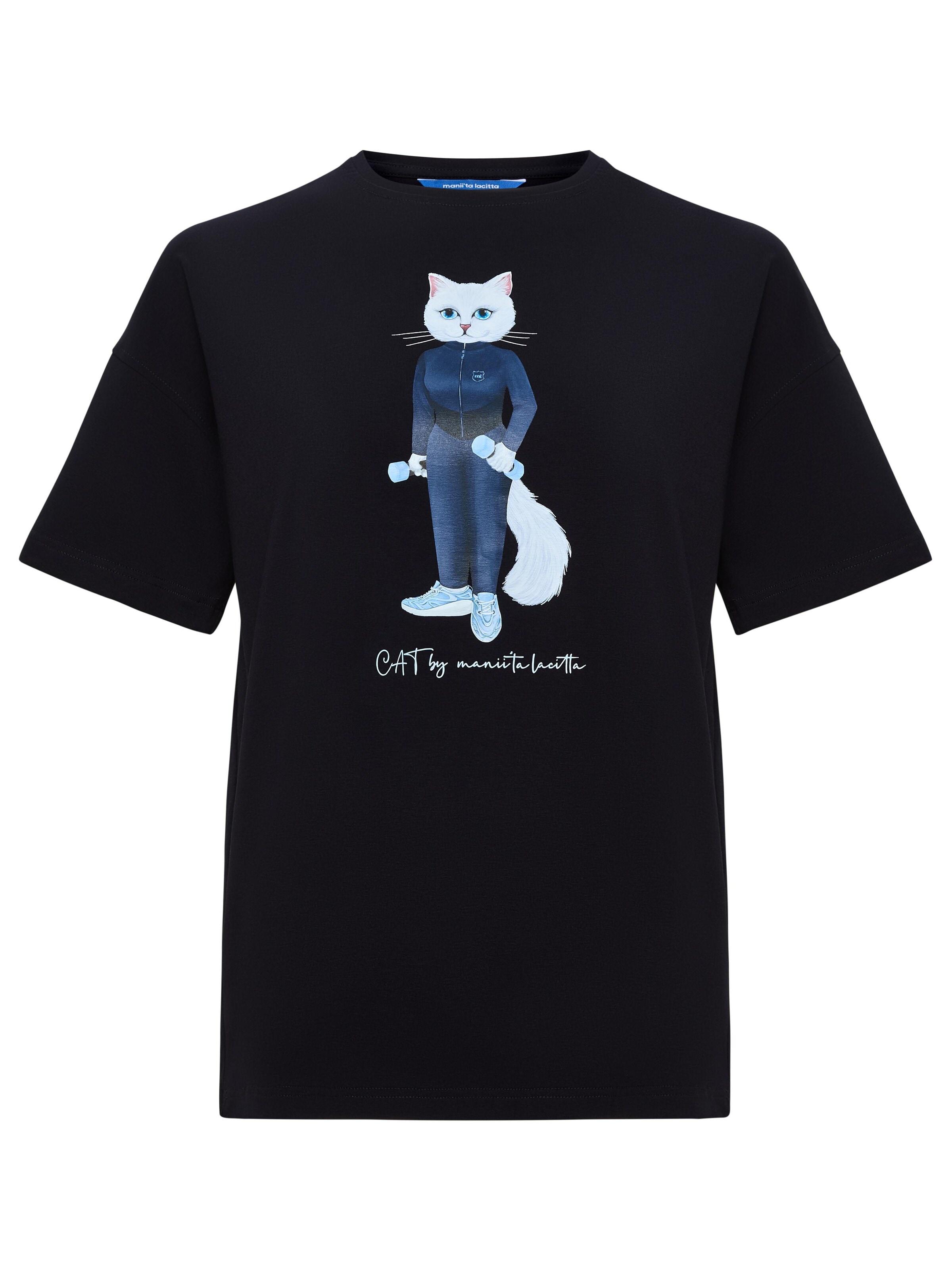 Cat e Lolette Shirt 'Sport cat with dumbbells'‌‌ in Blau: Vorderseite