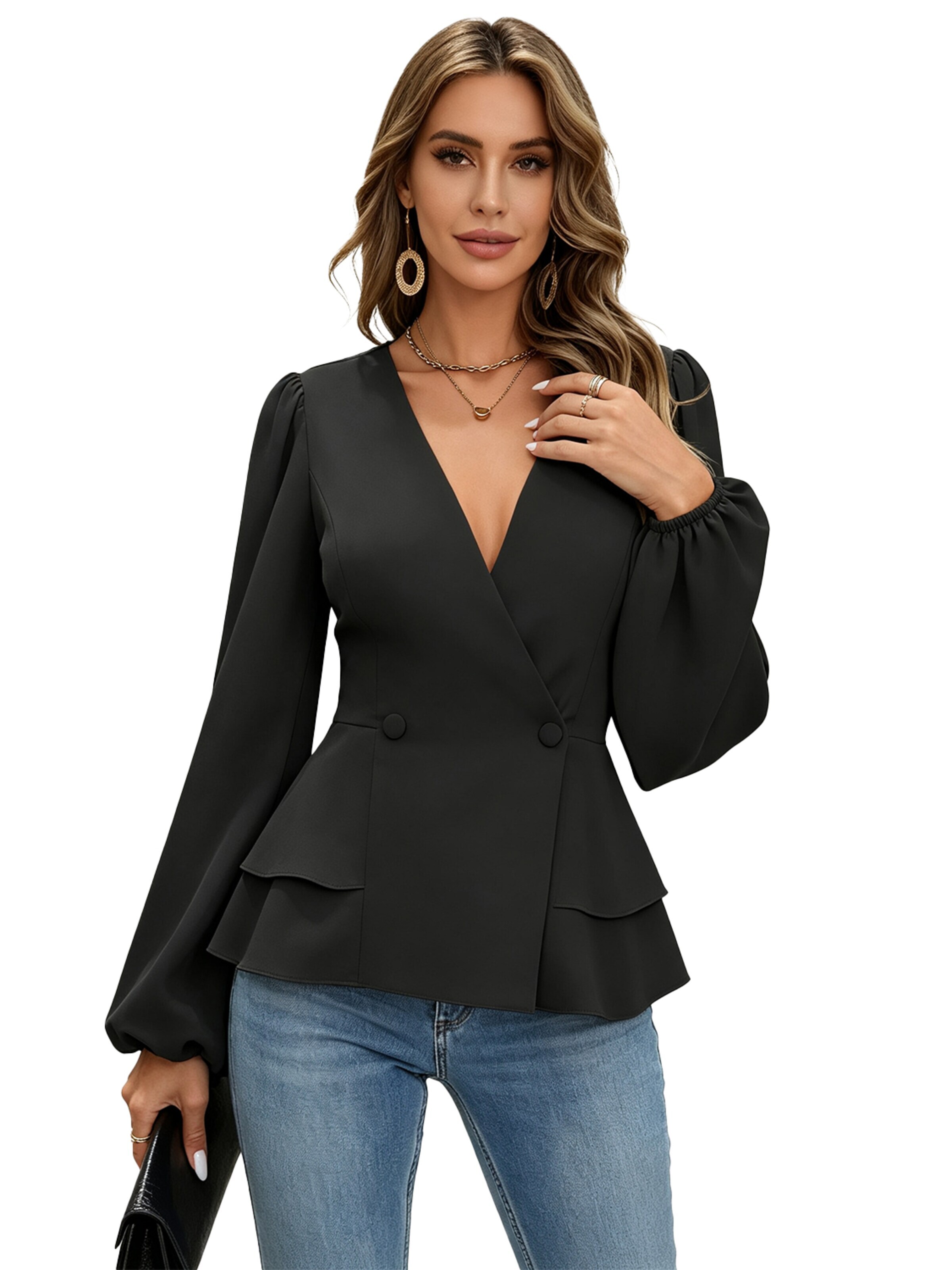 KoJooin Bluse 'Damen Wickelkleid mit V-Ausschnitt, Peplum und Puffärmeln – Elegante Bluse mit Knopfleiste für Büro'‌‌‌‌‌‌‌‌‌‌ in Schwarz