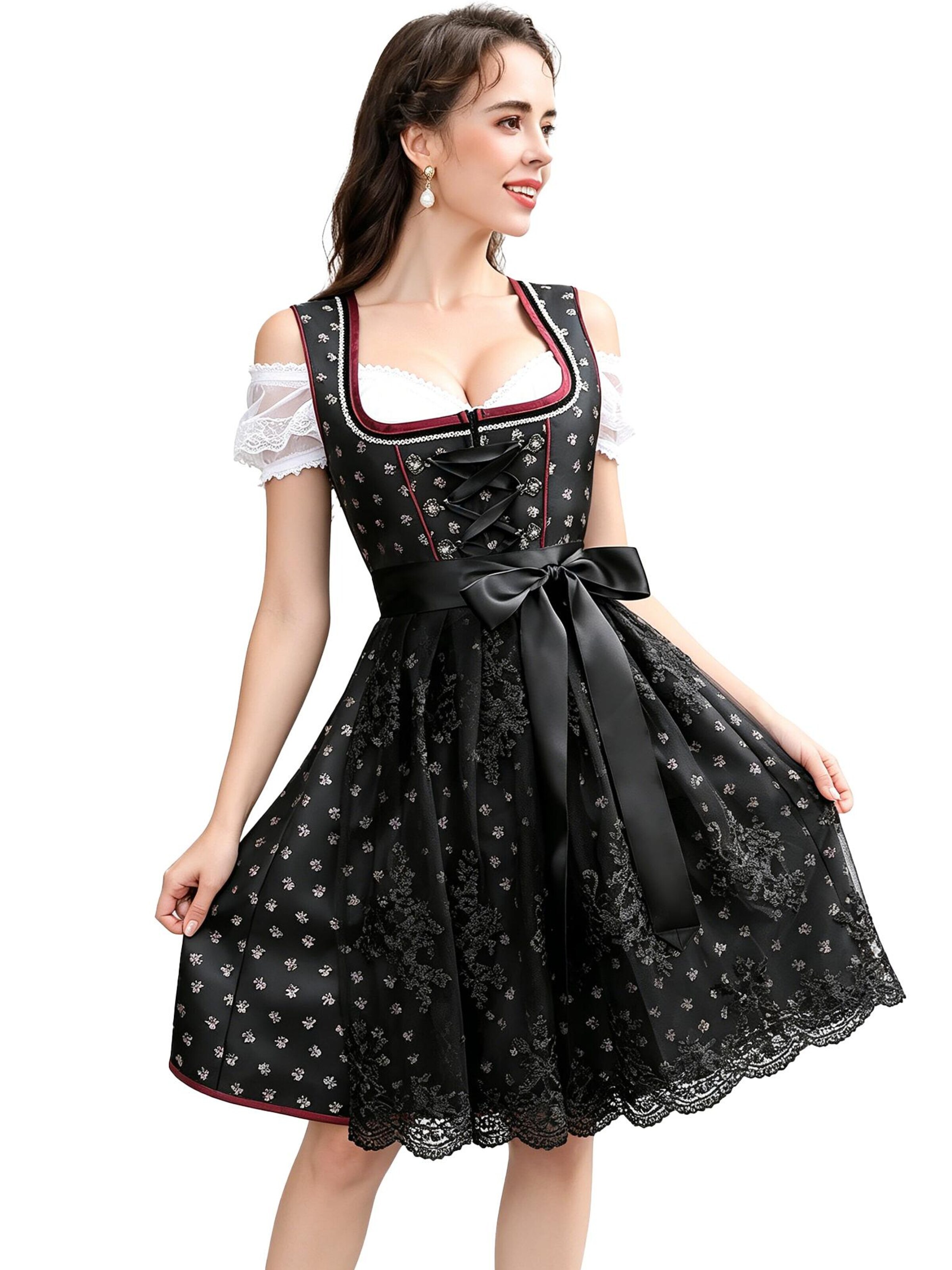 KoJooin Dirndl 'Damen Dirndl 3-teiliges Set,Blumenmuster Jacquard Spitzen Schürze Kleid, Bayerisches Oktoberfest' w kolorze czarny