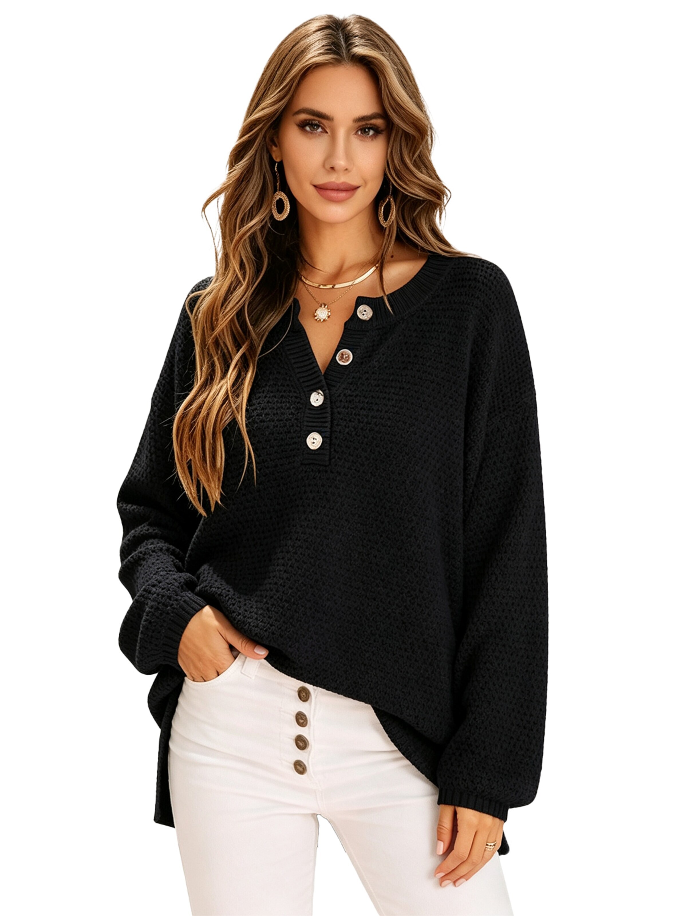 KoJooin Pullover 'Damen Halbgeöffnete Strickjacke mit Knöpfen – Lässiger, lockerer Cardigan für gemütliche Looks'‌‌‌‌‌‌‌‌ in XL in schwarz, Produktansicht
