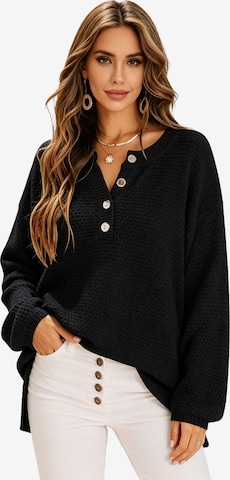 KoJooin Pullover 'Damen Halbgeöffnete Strickjacke mit Knöpfen – Lässiger, lockerer Cardigan für gemütliche Looks' in Schwarz: Vorderseite