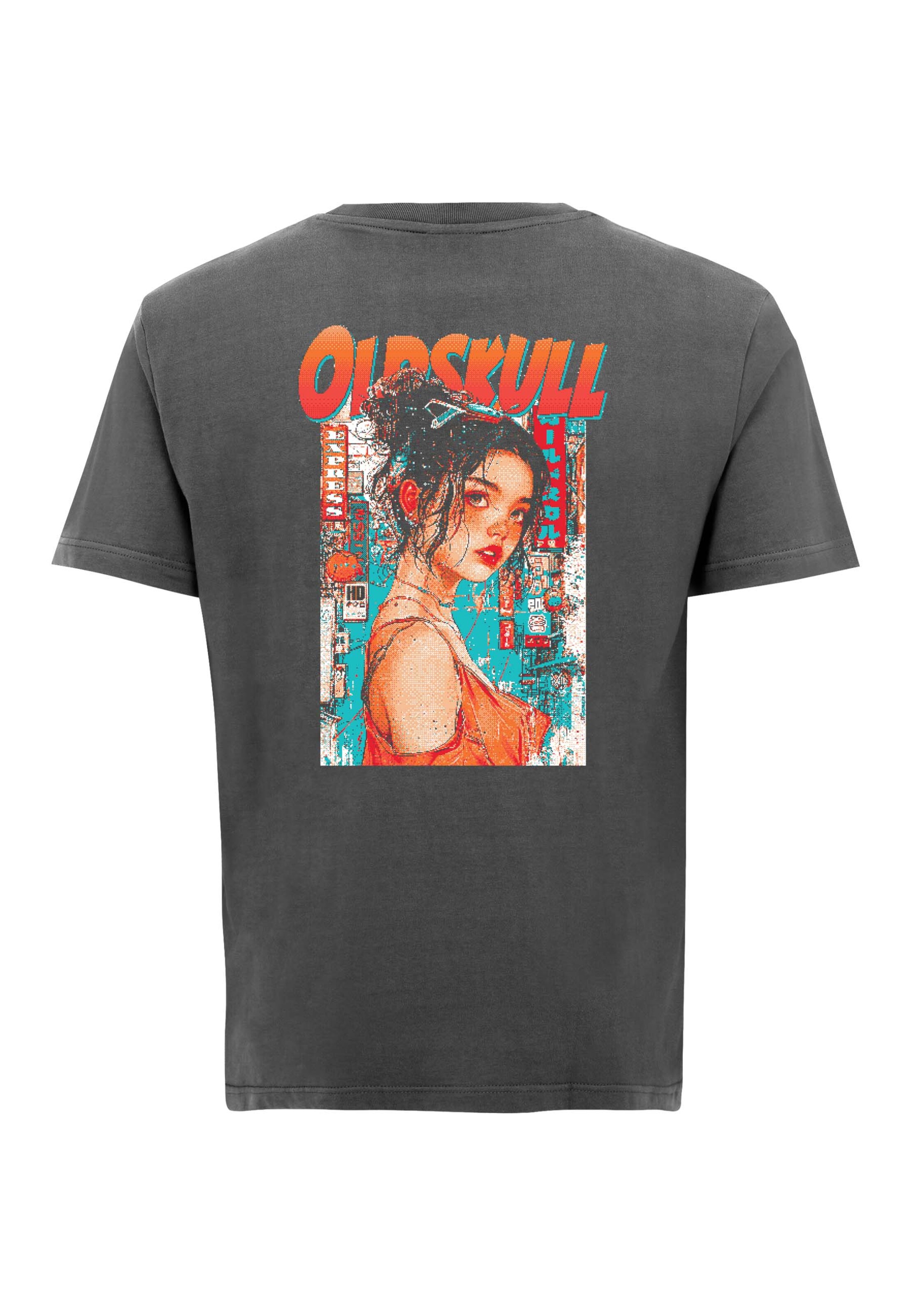 Oldskull Shirt 'Retro Pixel Lady' in Grey: front