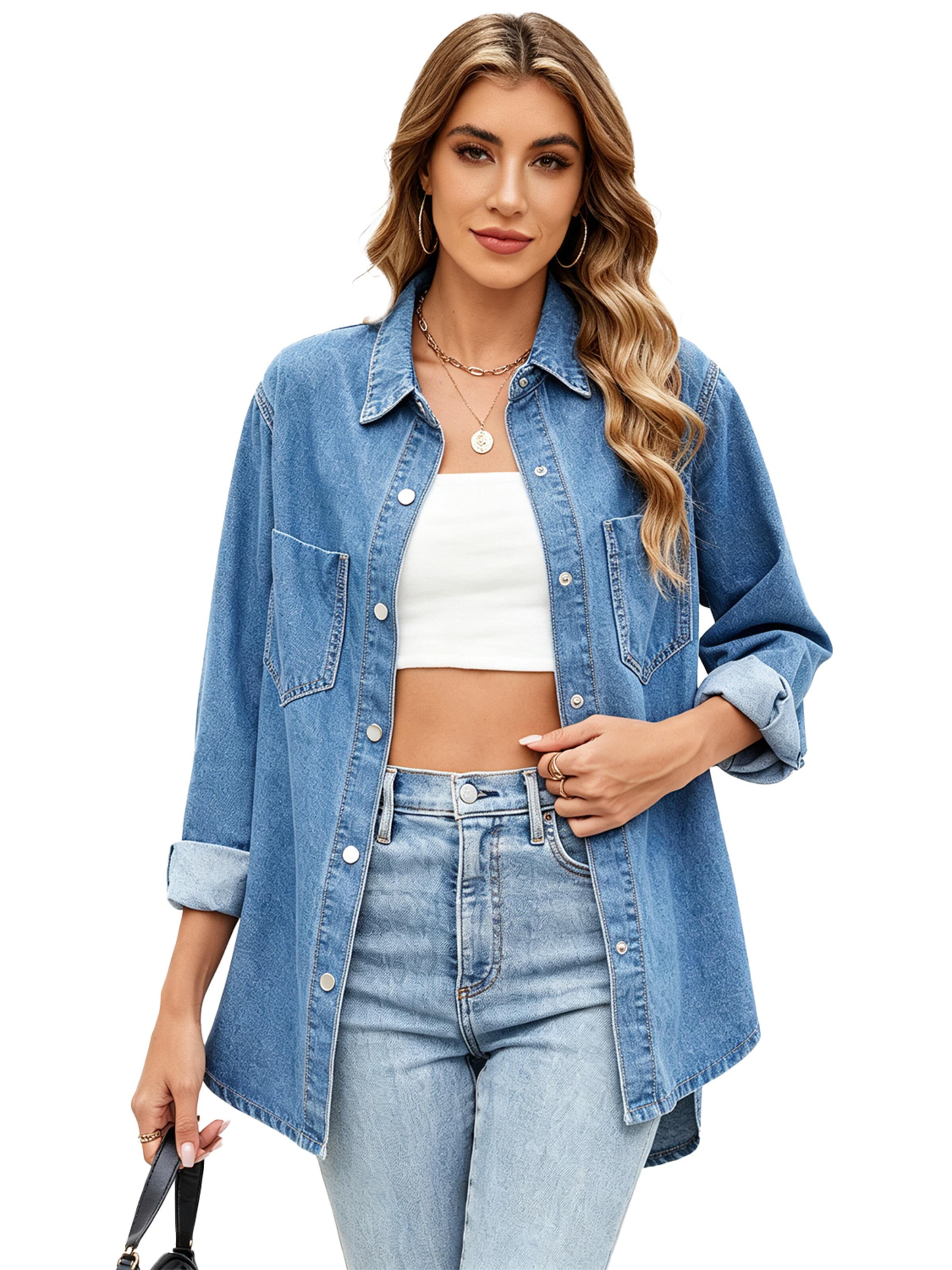 KoJooin Bluzka 'Damen Oversize Jeanshemd mit Knopfleiste – Langarm, Used-Look Denimjacke für Herbst-Outfits 2026' w kolorze niebieski