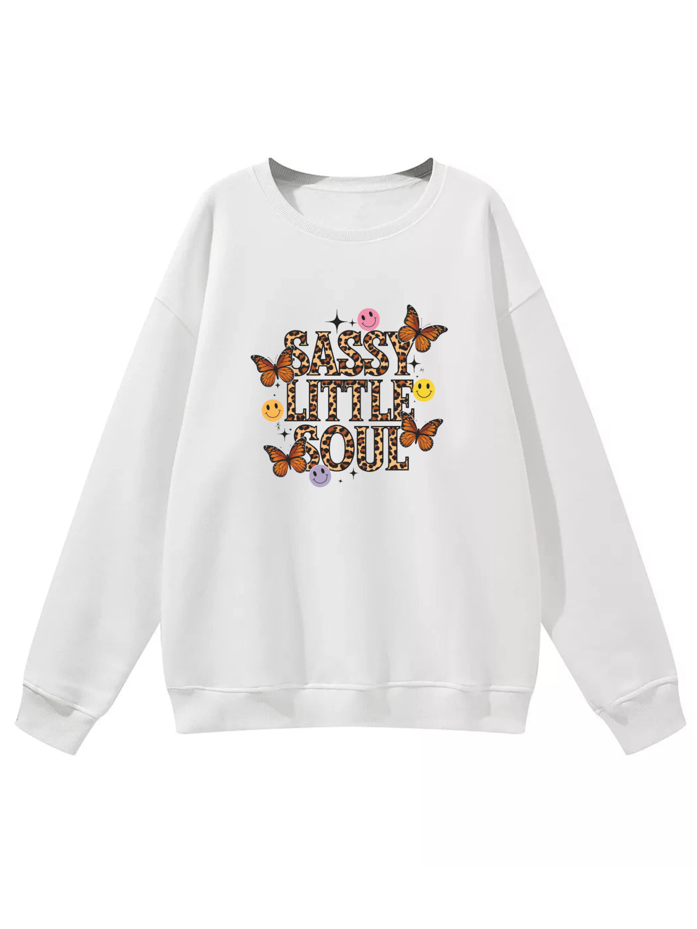 Sweat-shirt 'Women's Crew Neck Sweatshirt with Butterfly Print, Loose Long Sleeve Fleece Pullover' GORHEY en blanc