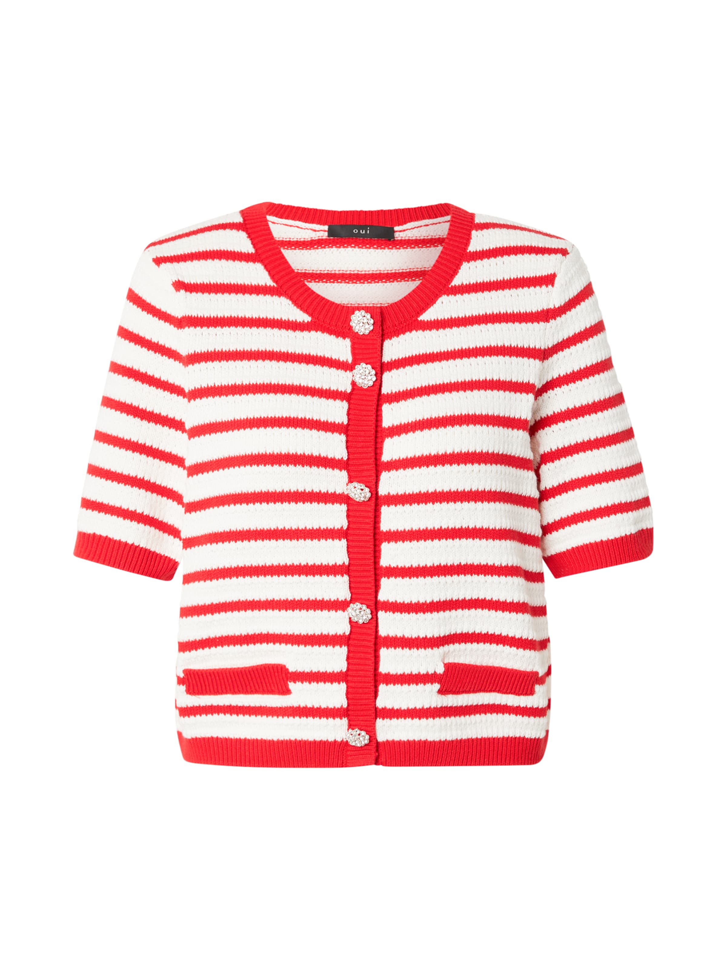 sarkans OUI Adīta jaka: no priekšpuses