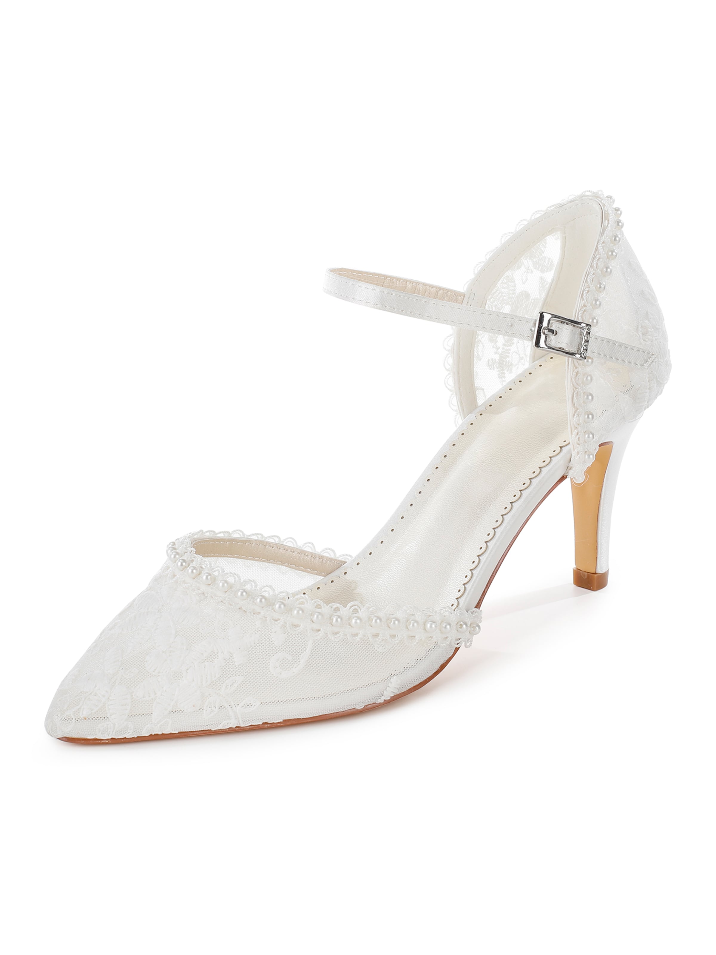 jiajia Pumps 'Pointed Toe Lace Bridal Heels with Pearl Detail' in Beige: front