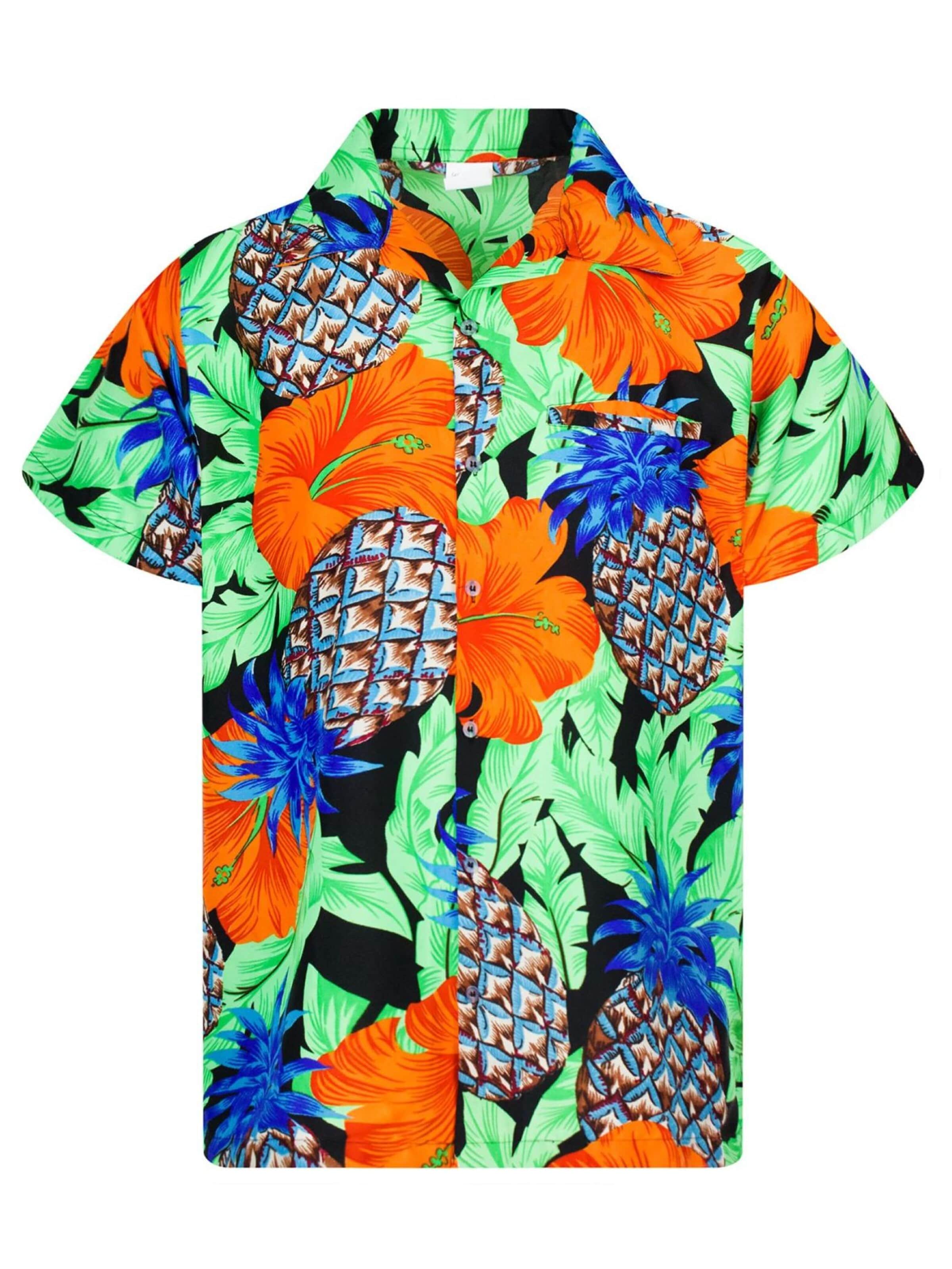 Maglietta 'Pineapple Hibiscus Black Line' di King Kameha in verde: frontale