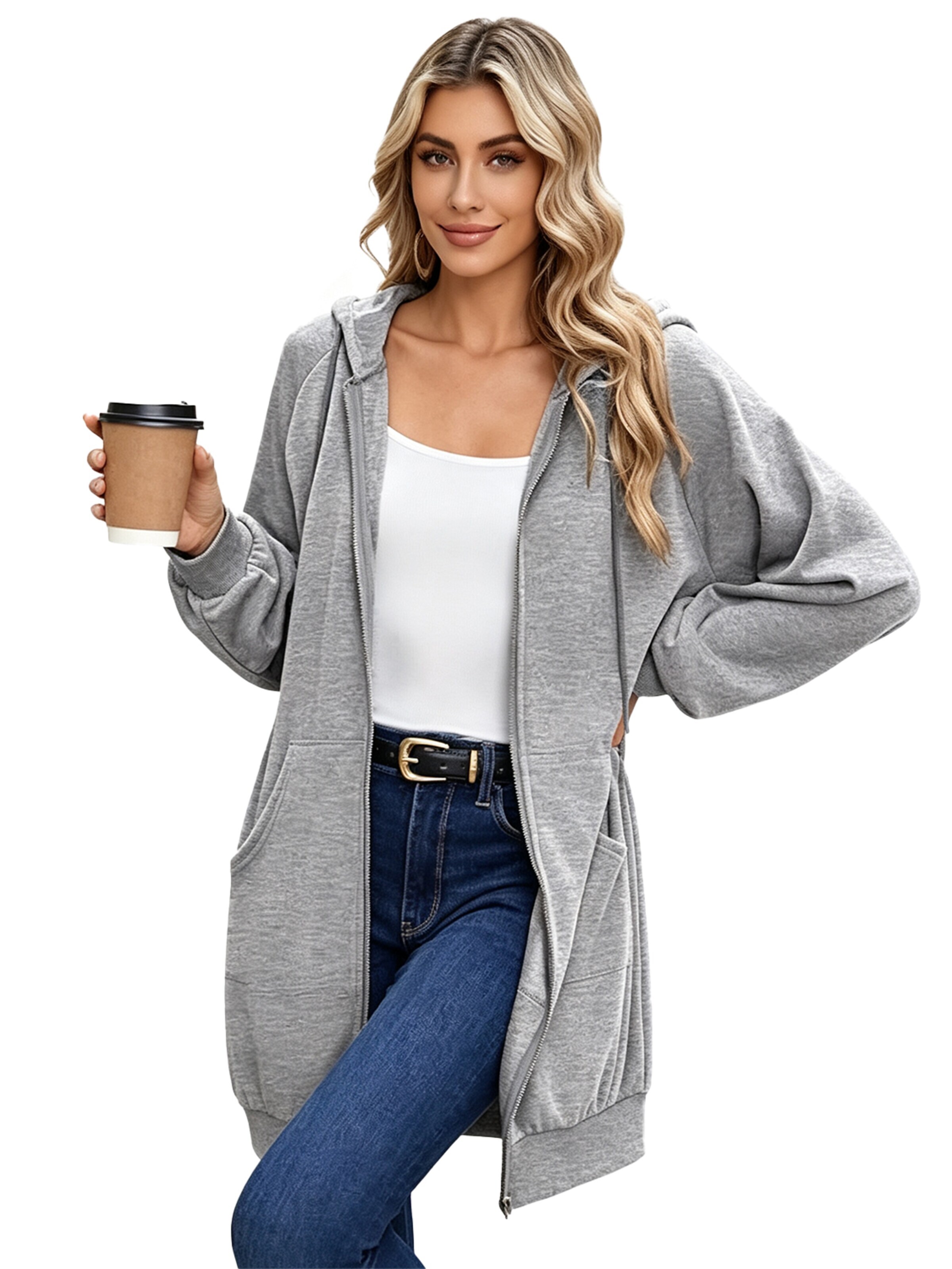 KoJooin Płaszcz zimowy 'Damen langer Kapuzenpullover mit Reißverschluss Oversize,casual, kuschelig gefüttert und gemütlich' w kolorze szary