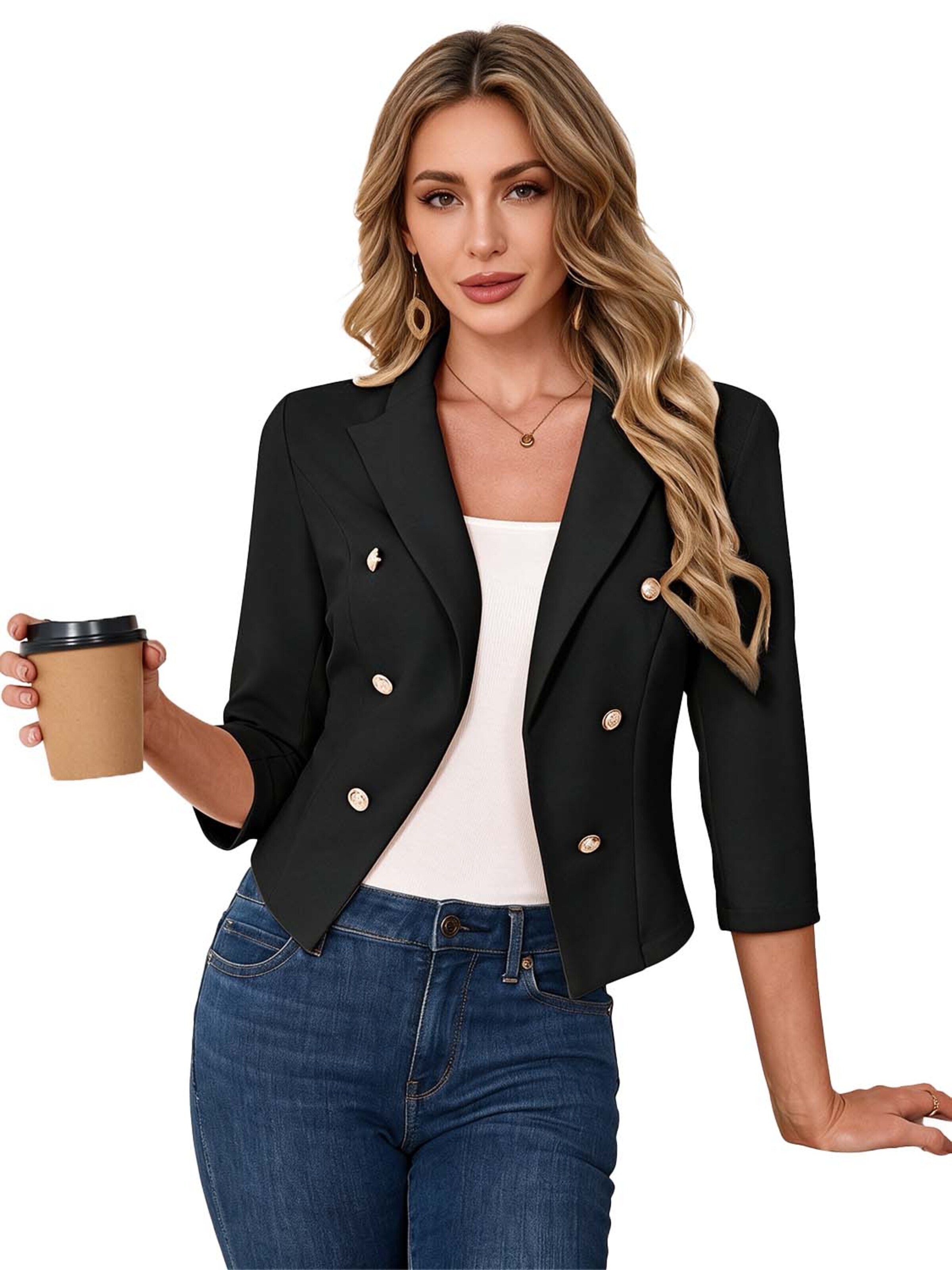 KoJooin Marynarka 'Damen Business-Blazer mit spitzem Reverskragen Metallknöpfen: 3/4-Ärmel,offene Knopfleiste perfekt' w kolorze czarny