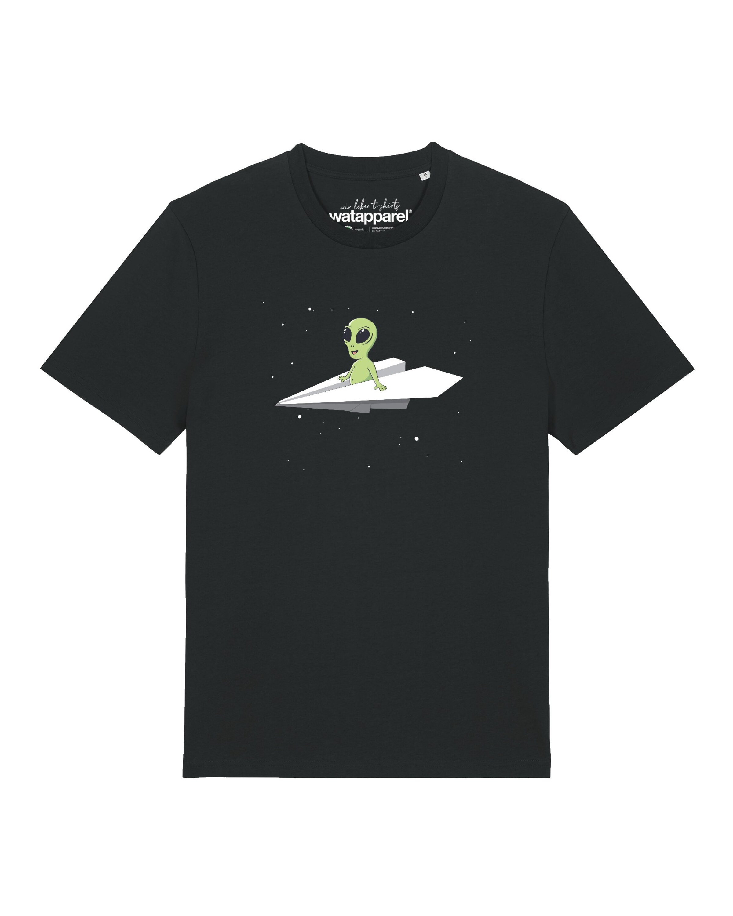 Maglietta 'Alien On A Paper Plane' di Watapparel in nero: frontale