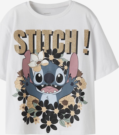134-140 dydžio Marškinėliai 'NKFJyna Stitch' iš NAME IT, spalva – melsvai pilka / Auksas / alyvinė spalva / balta, Prekių apžvalga