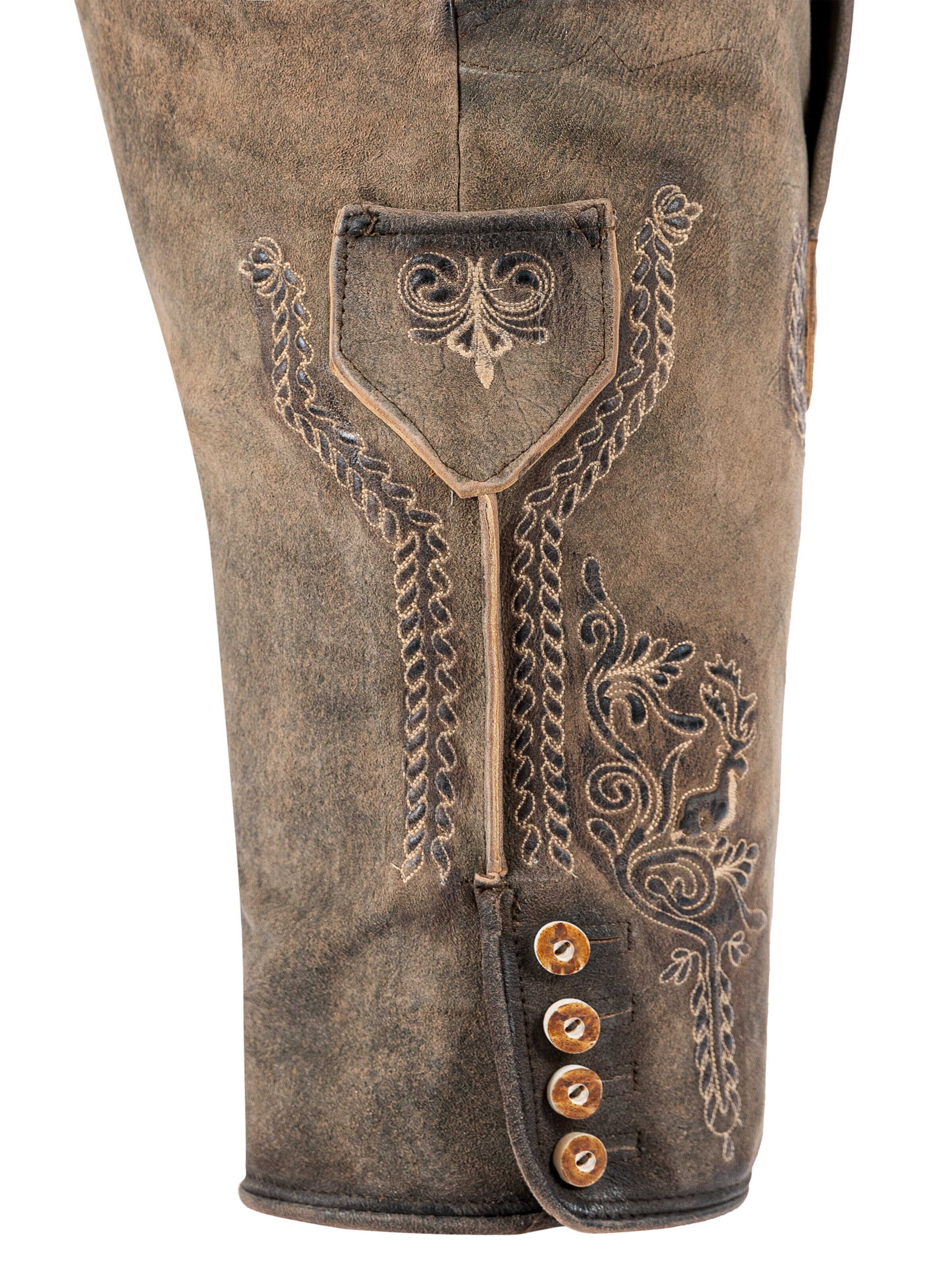 Fuchs Trachtenmoden Skinny Trachtenhose 'Trachtenlederhose Herren kurz Braun Wildbockleder'‌‌‌‌‌‌‌‌‌‌ in Braun