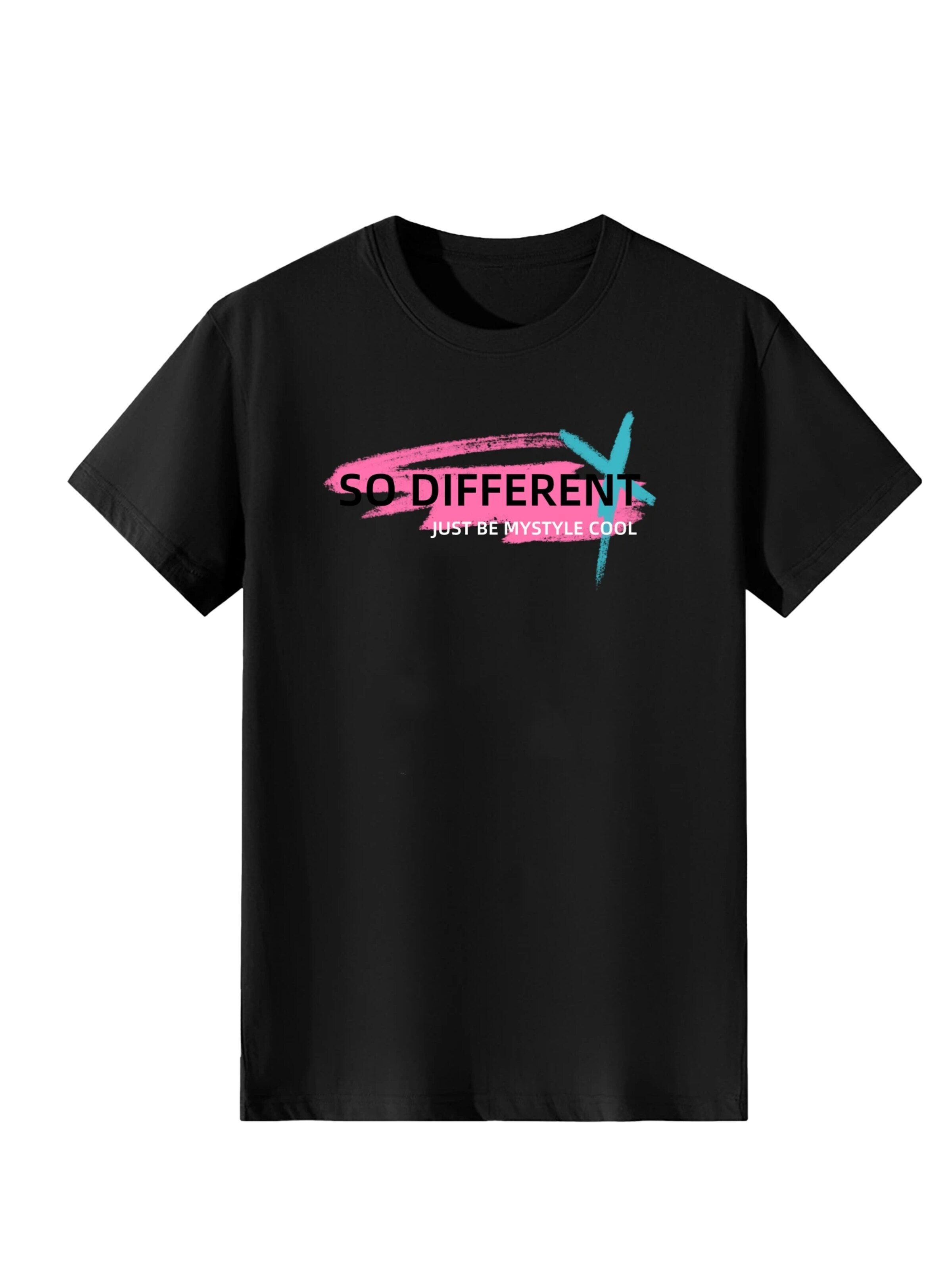 T-shirt 'Women Pink & Cyan Brush Stroke Slogan Print T-Shirt' LapaPlus en noir : devant