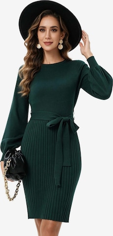 KoJooin Sukienka 'Damen-Strickkleid mit Rundhalsausschnitt, Bindegürtel, Plisseefalten und langen Ärmeln' w kolorze zielony: przód