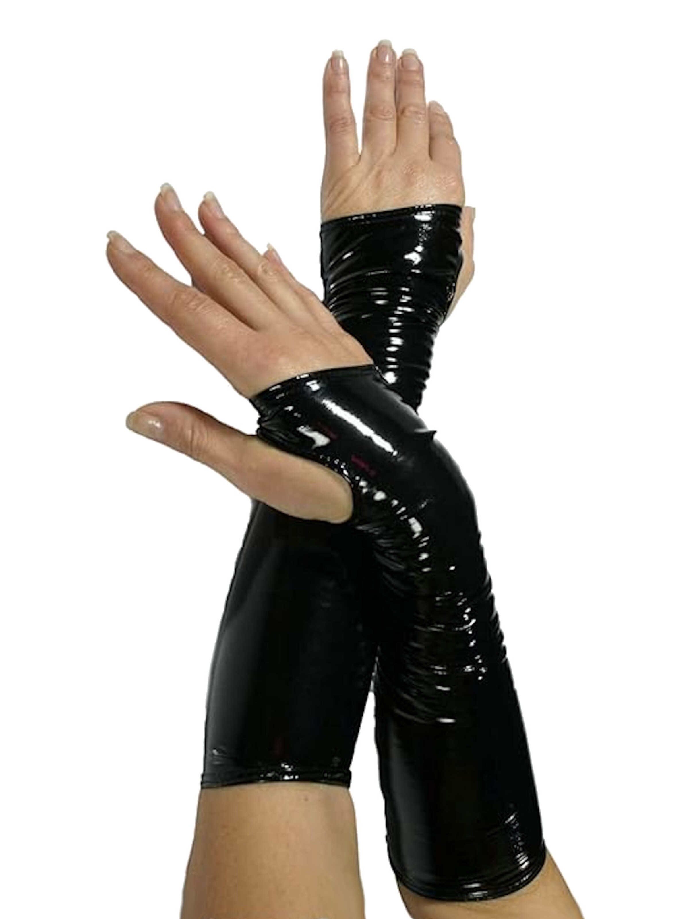 Noir Handmade Fingerless Gloves 'Lili Lack Armstulpen Ledapol' in Black: front