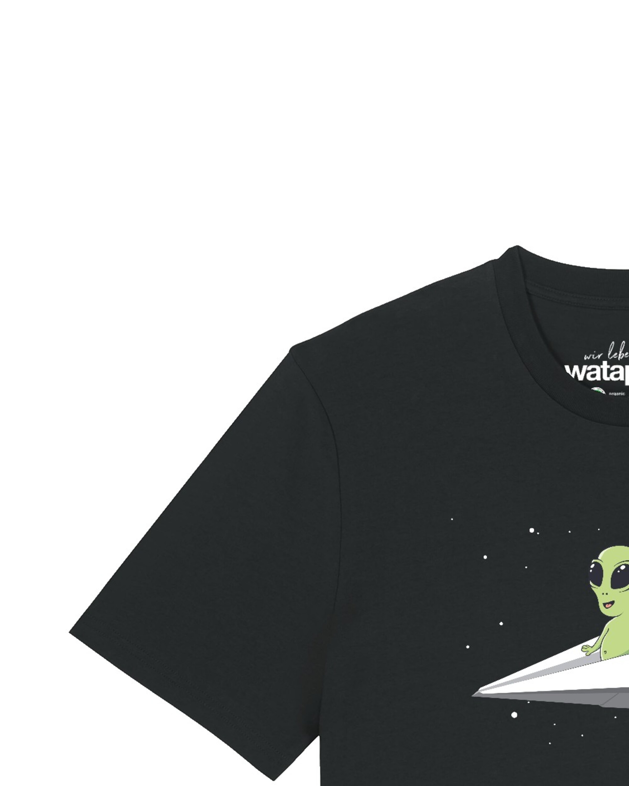 Maglietta 'Alien On A Paper Plane' di Watapparel in nero