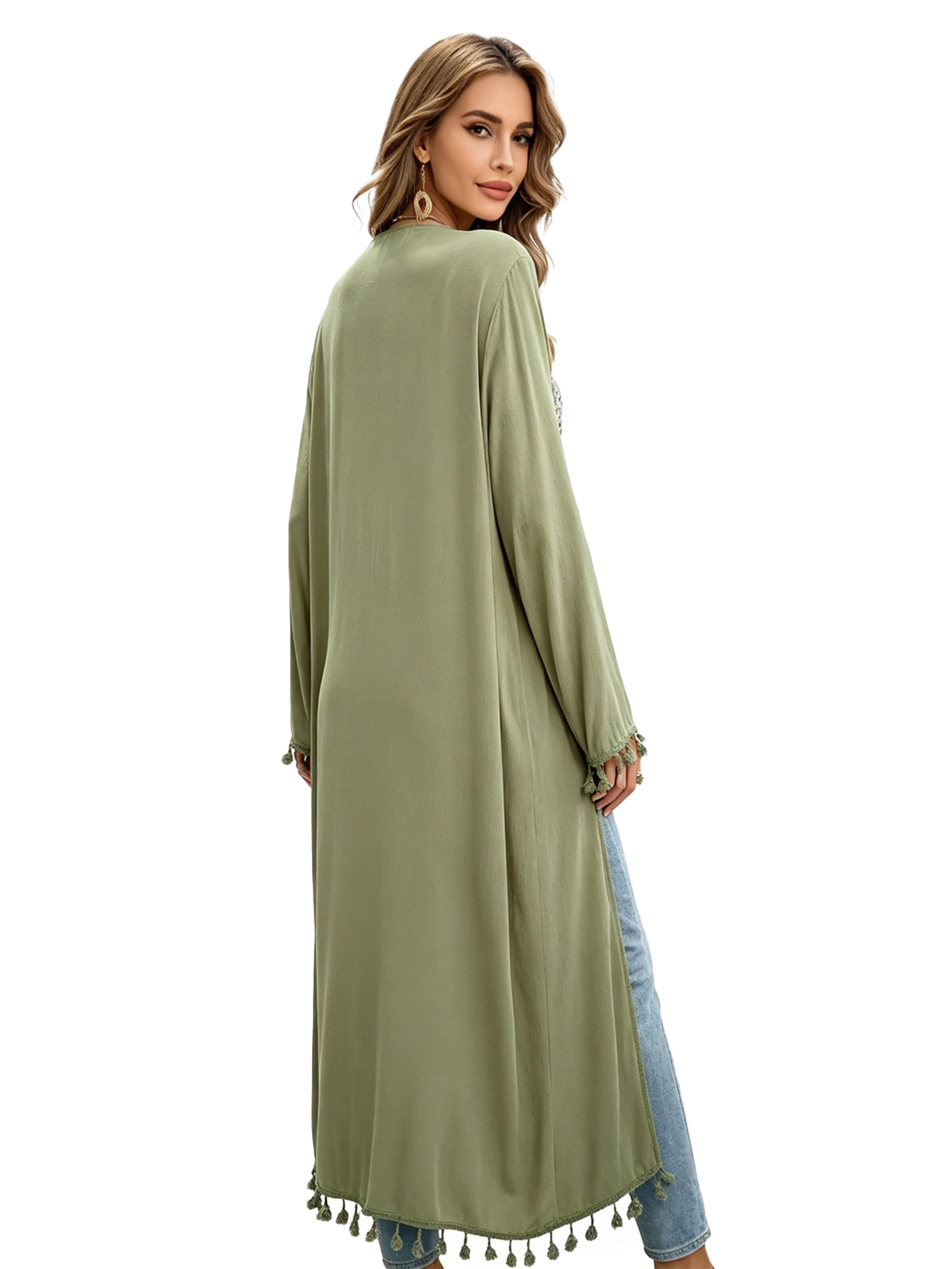KoJooin Kardigan oversize 'Damen Langarm Cardigan in Unifarben mit Fransen Spitzenbesatz Langer,Lässiger Oversize Strickmantel' w kolorze zielony