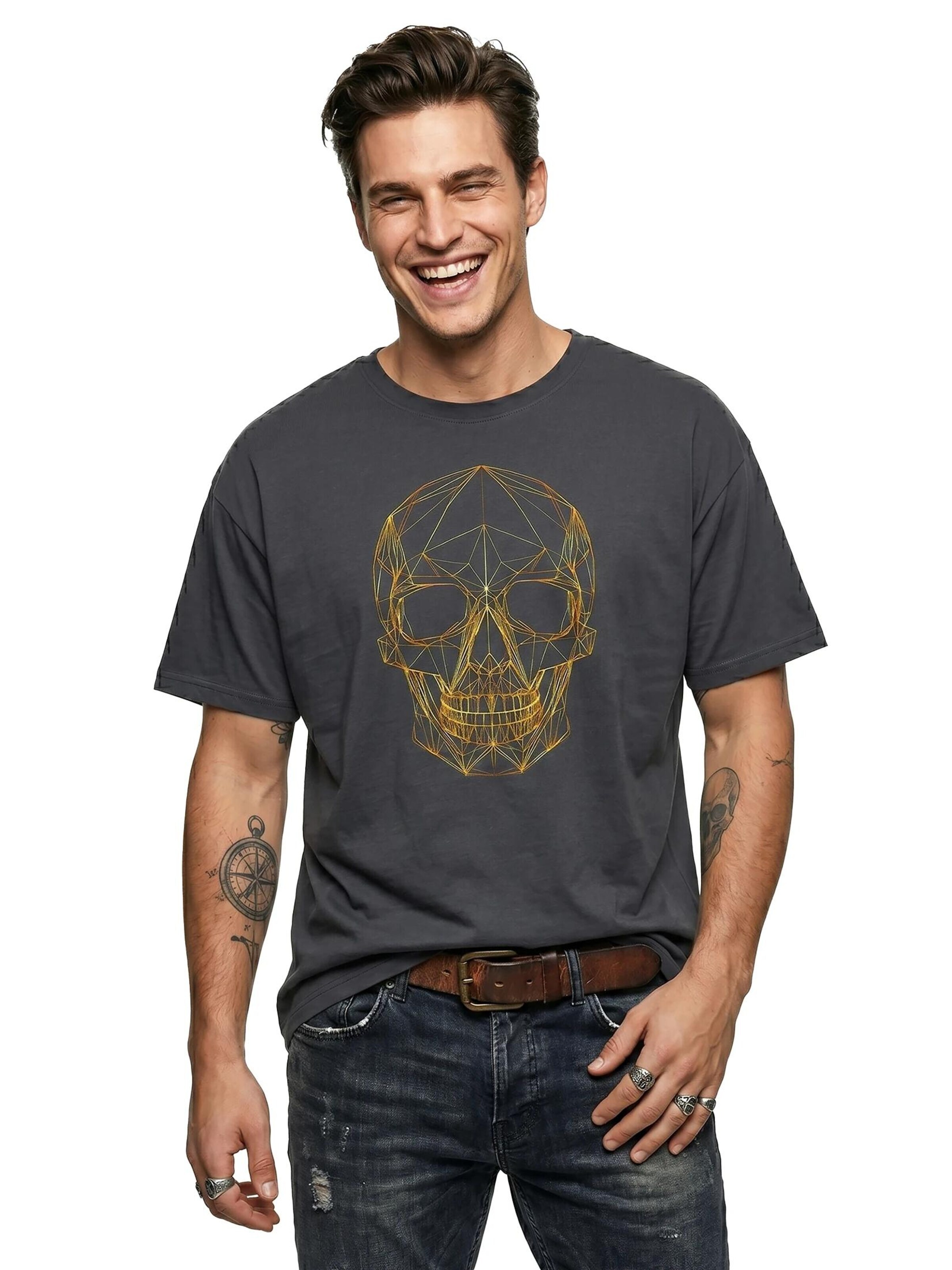 MAKAYA Shirt 'Line Skull' in Grey