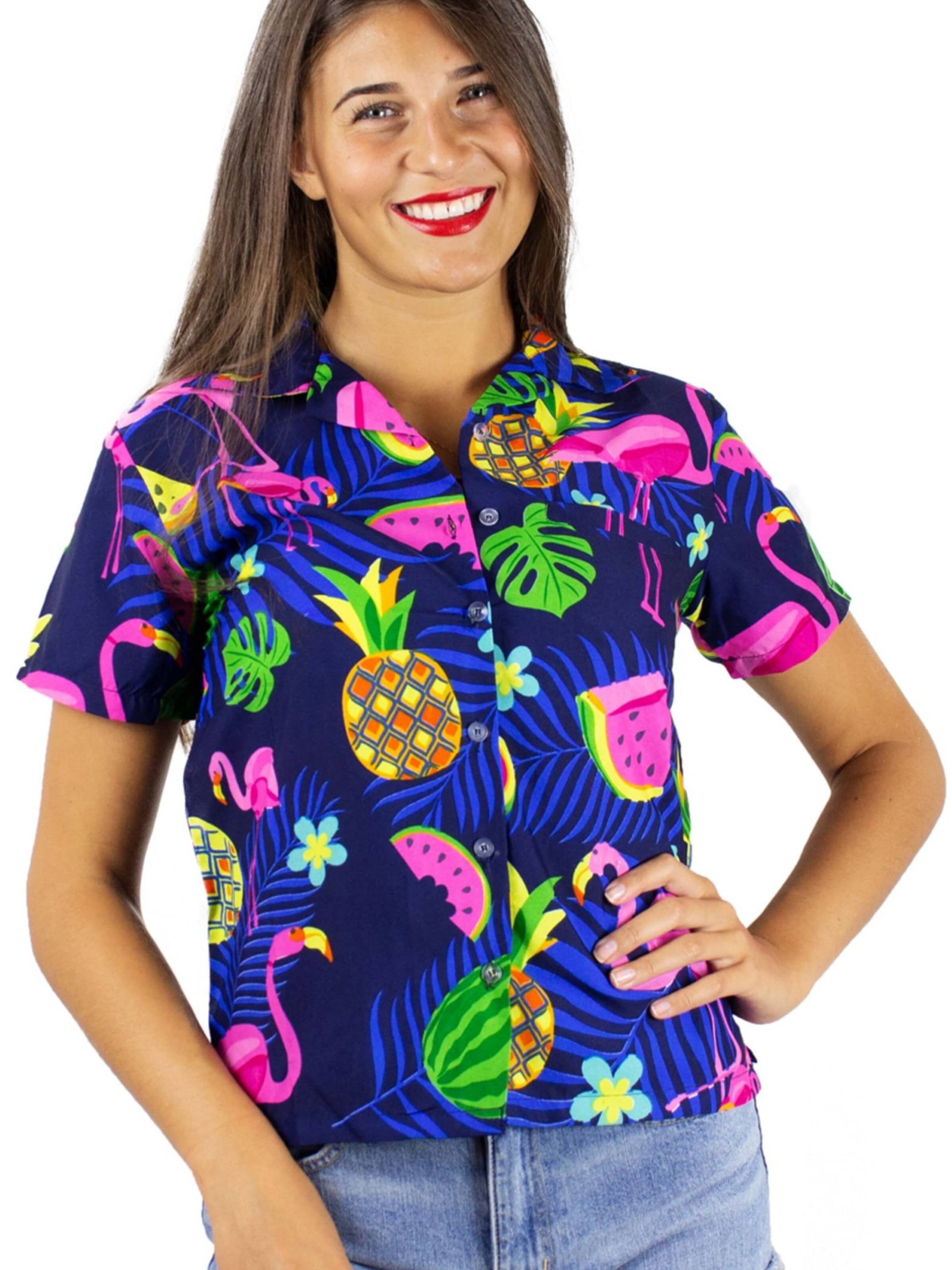 Camicia da donna 'Flamingo Melone' di King Kameha in blu: frontale