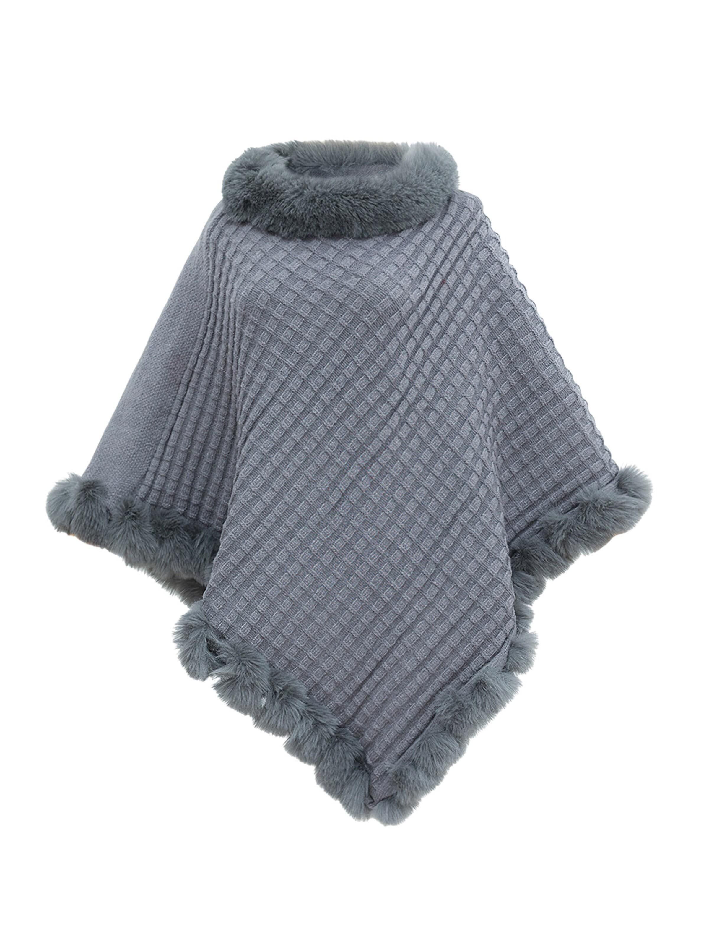 Magicshe Cape 'Winter Poncho Strick mit Kunstfell' in Grey: front