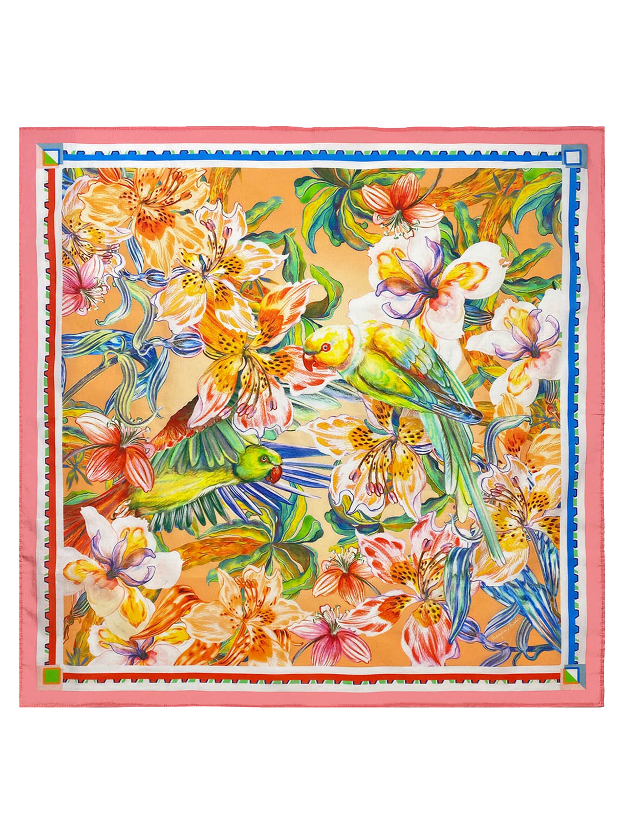 Marylène Madou - Chal 'Paradise Parakeets Cotton Bandana Scarf' en amarillo: frente