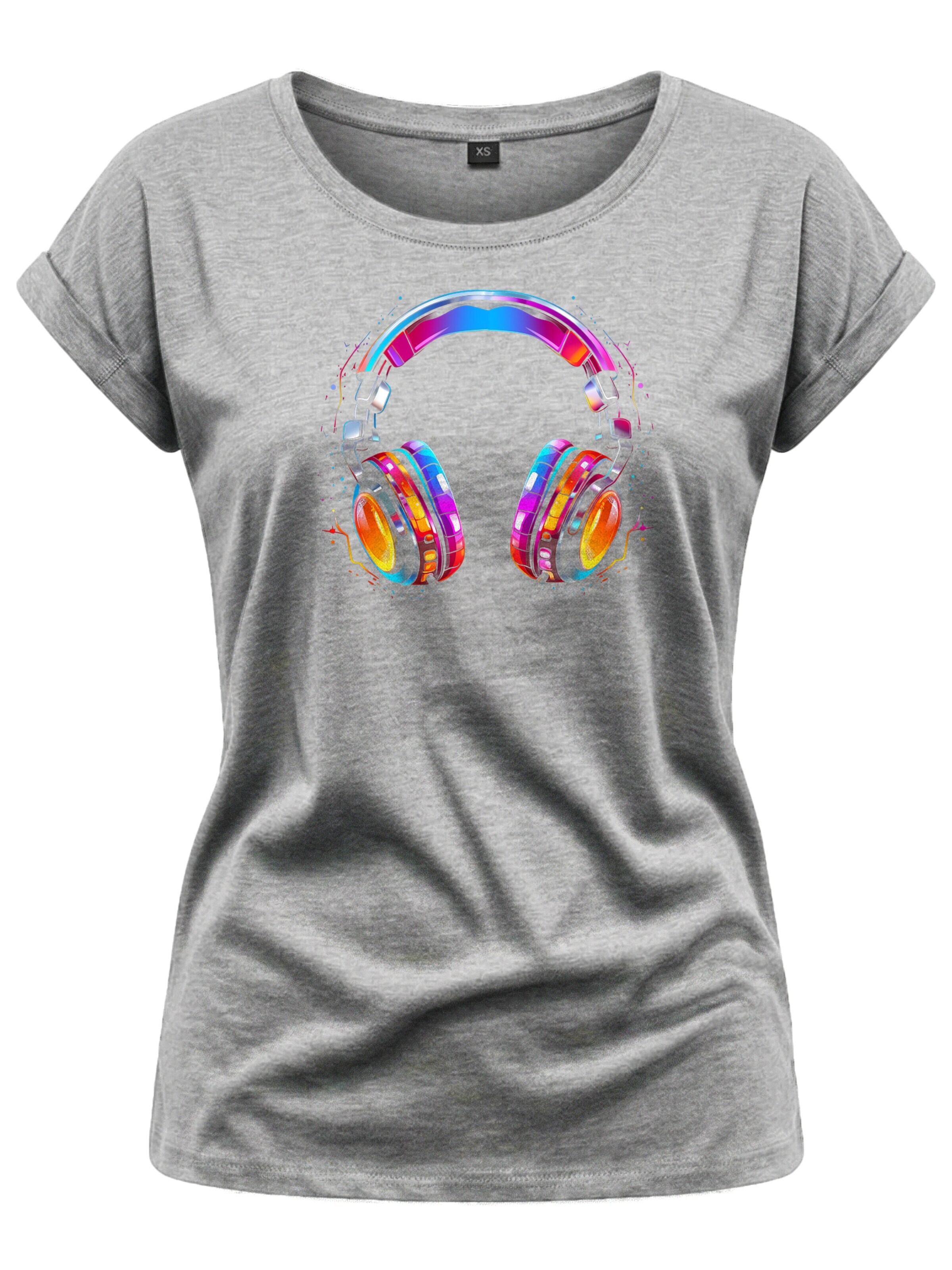 MAKAYA Shirt 'Kopfhörer Bunt' in Grey: front