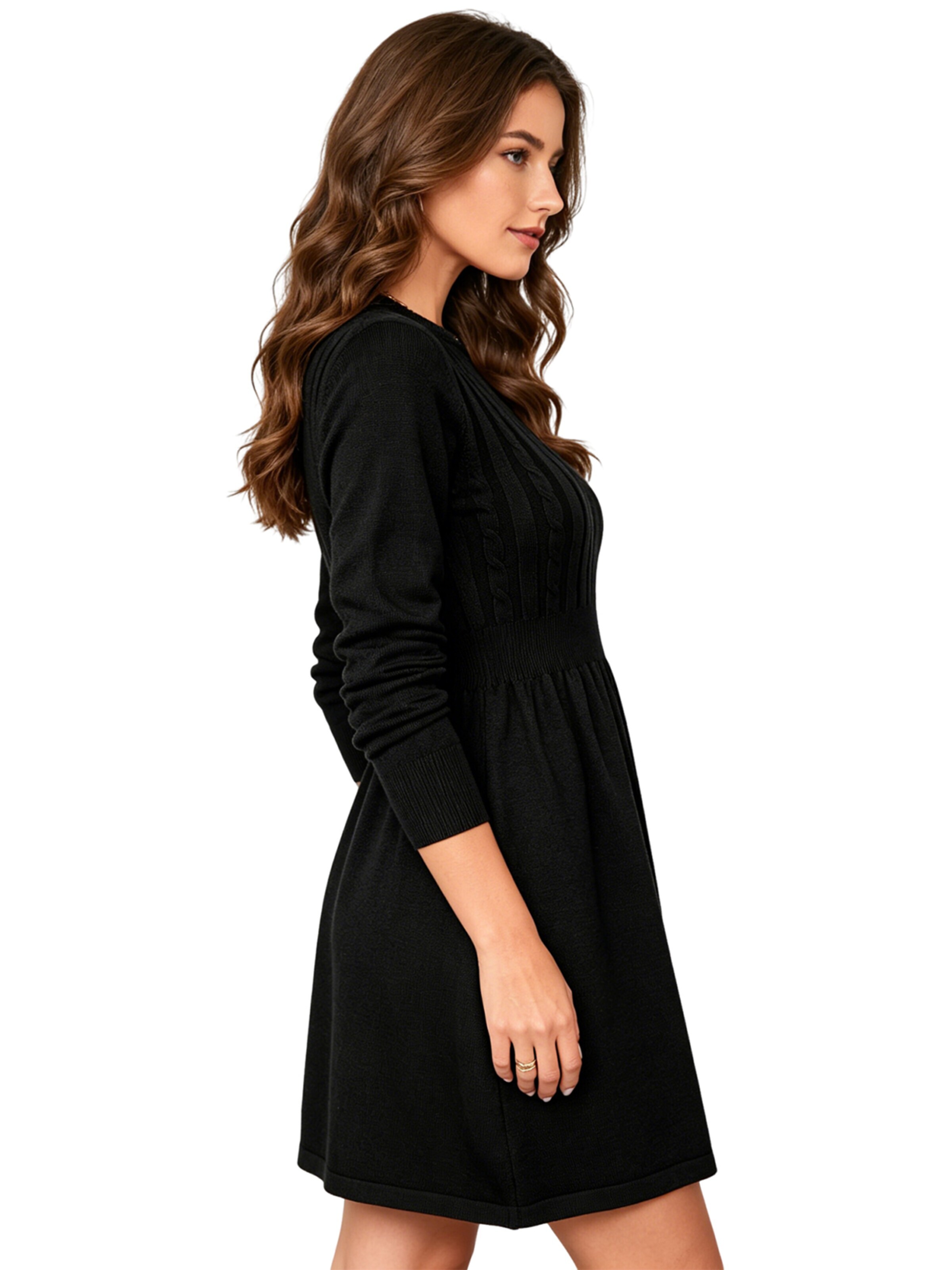 KoJooin Sukienka z dzianiny 'Strickkleid Damen Winter Langarm Rundhals Midikleid für Alltag Fest' w kolorze czarny