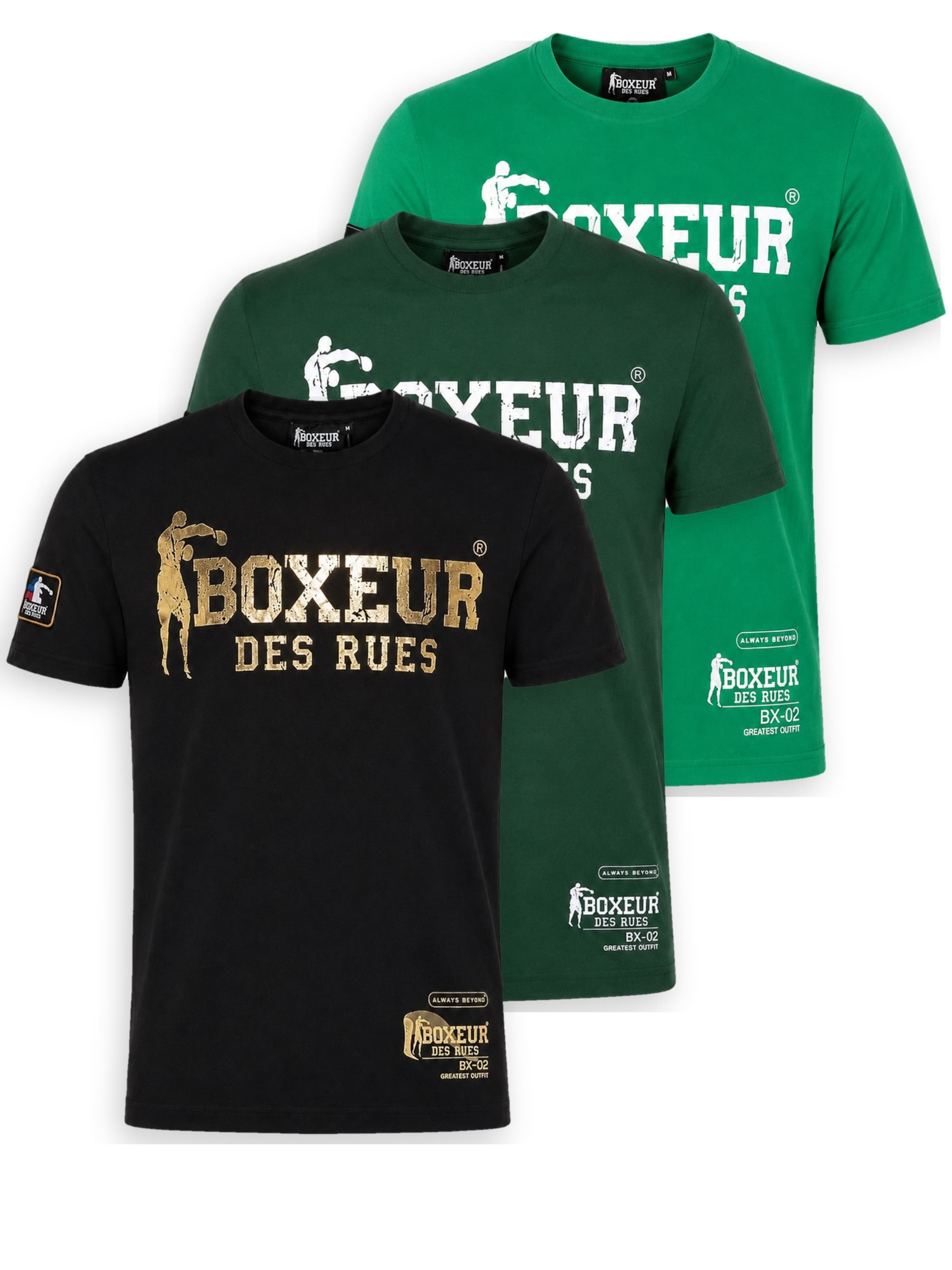 Boxeur des Rues Shirt 'Herren T-Shirt 3er-Pack Boxeur des Rues Slim Fit: Schwarz, Goldenes Logo + Dunkelgrün + Grasgrün, Weißes Logo'‌‌ in Mischfarben: Vorderseite