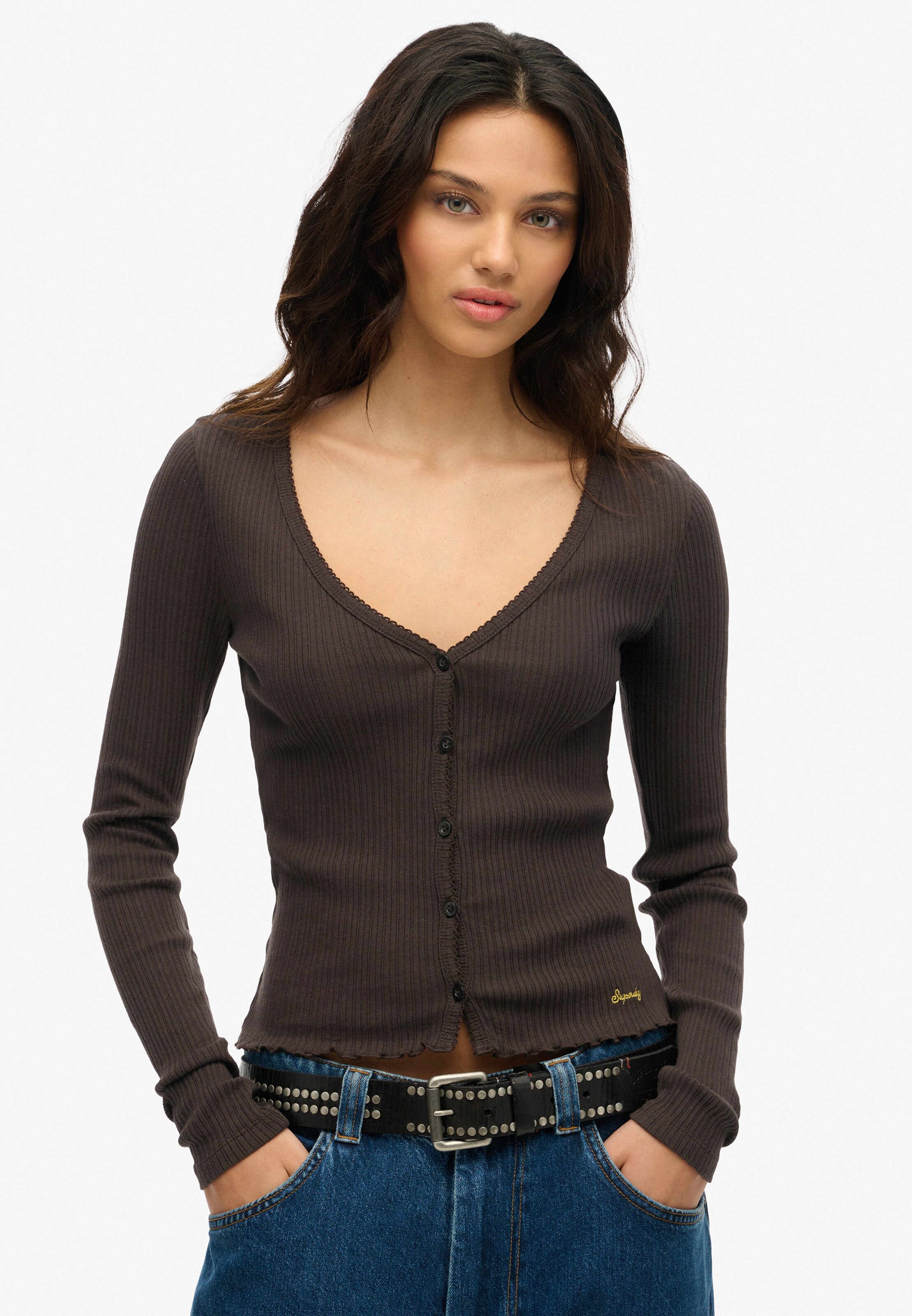 Superdry Strickjacke 'Essential' in Braun: Vorderseite