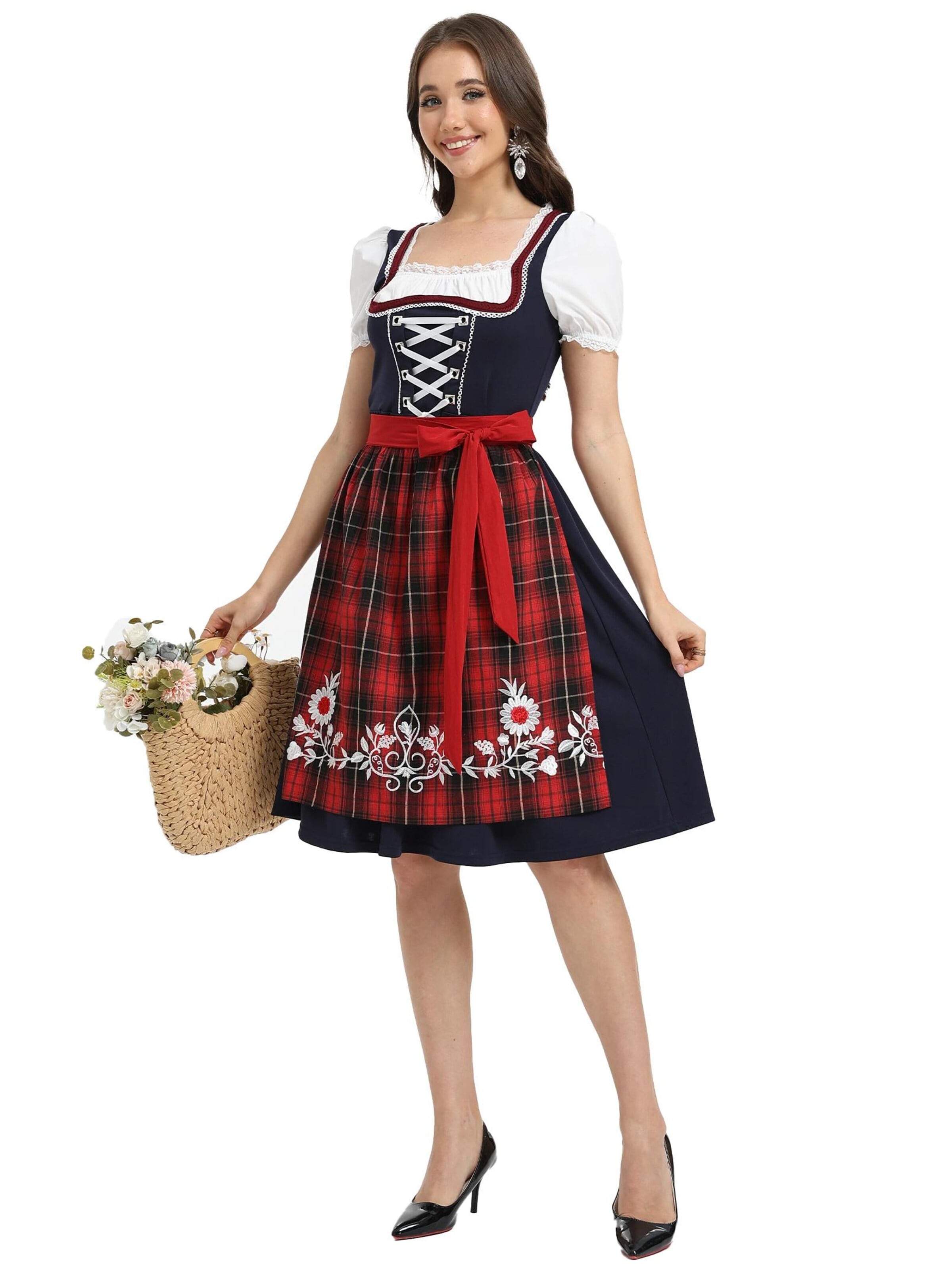 KoJooin Dirndl 'Damen Rotkariertes Stickerei-Dirndl-Zweiteiler mit Schürze für Oktoberfest, Halloween & Karneval' w kolorze czerwony