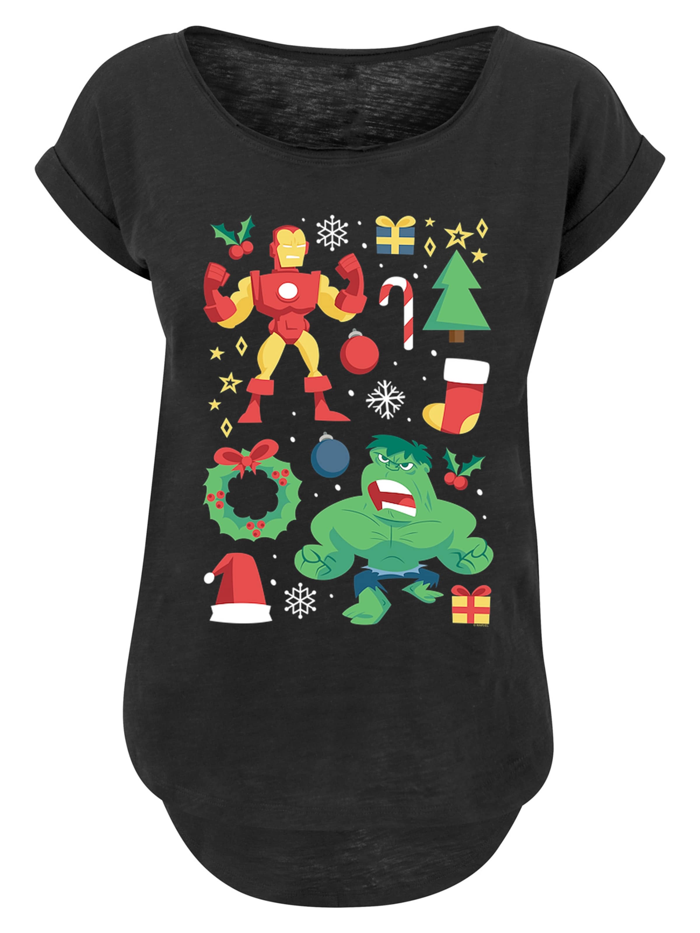 F4NT4STIC Shirt 'Marvel Universe Iron Man And Hulk Christmas Day' in Zwart: voorkant