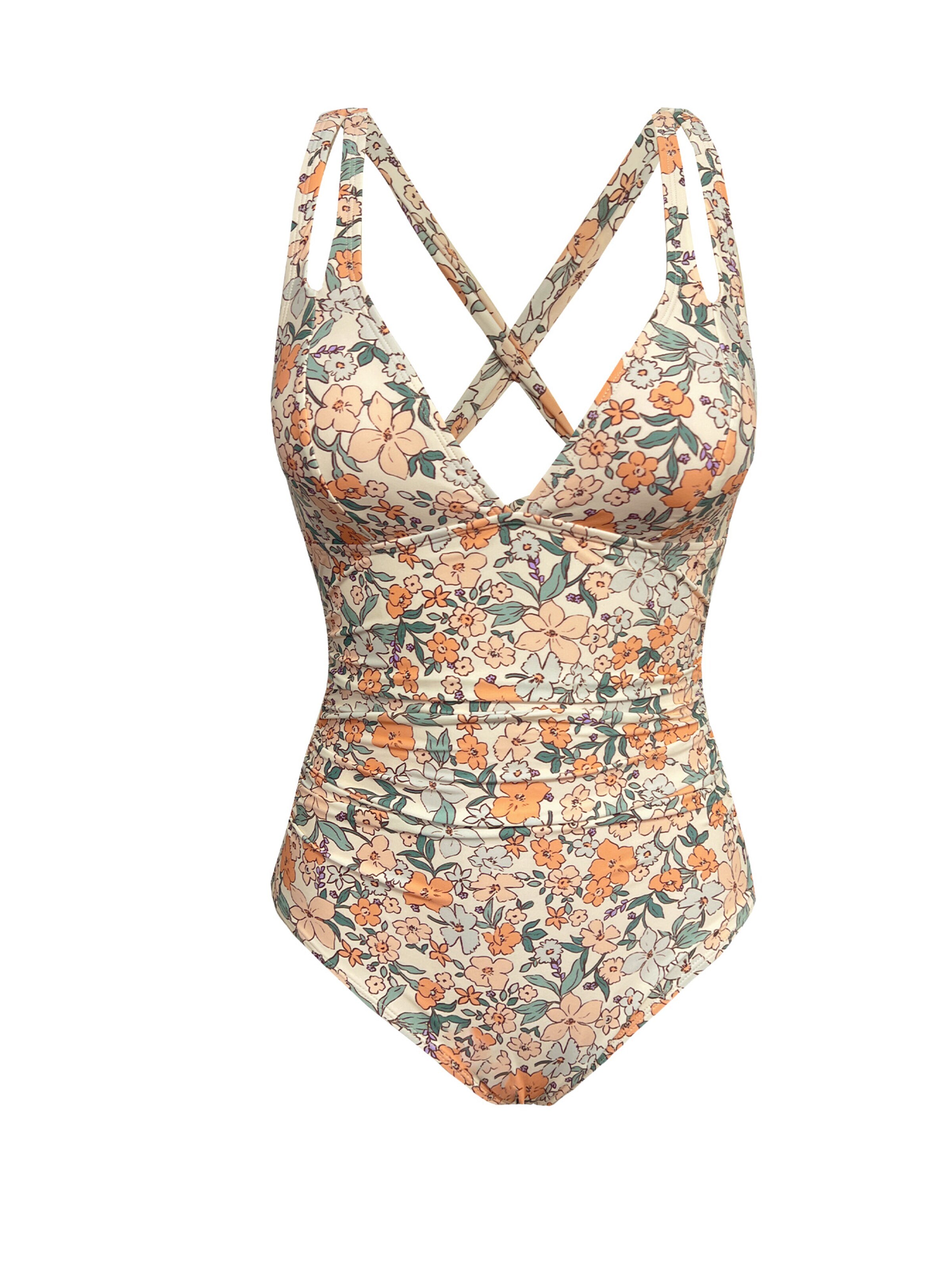 Cupshe Swimsuit 'Floral Ruched Crossback One-Piece' in Orange: front