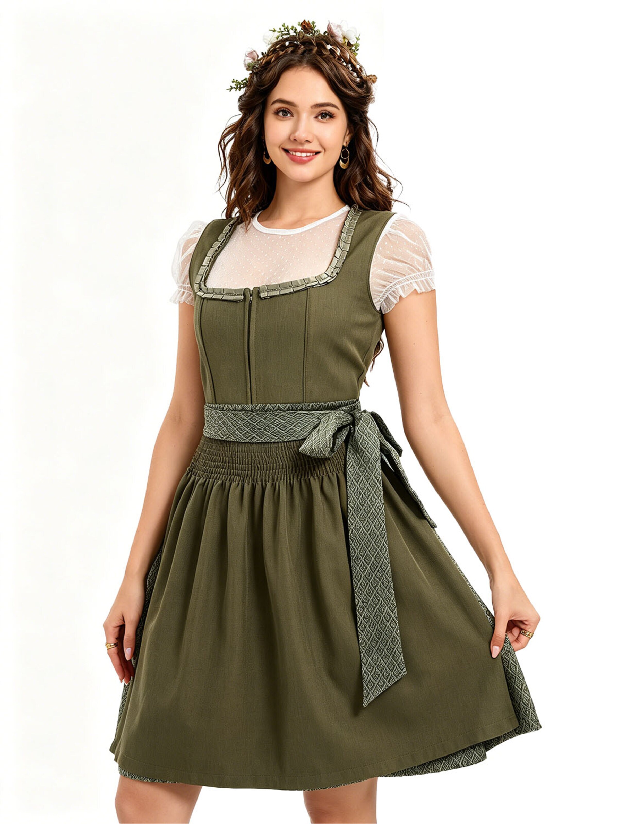 KoJooin Dirndl 'Damen Polka‑Dot Bluse, quadratischer Ausschnitt – 3‑teiliges Dirndl‑Set für Oktoberfest' in Green