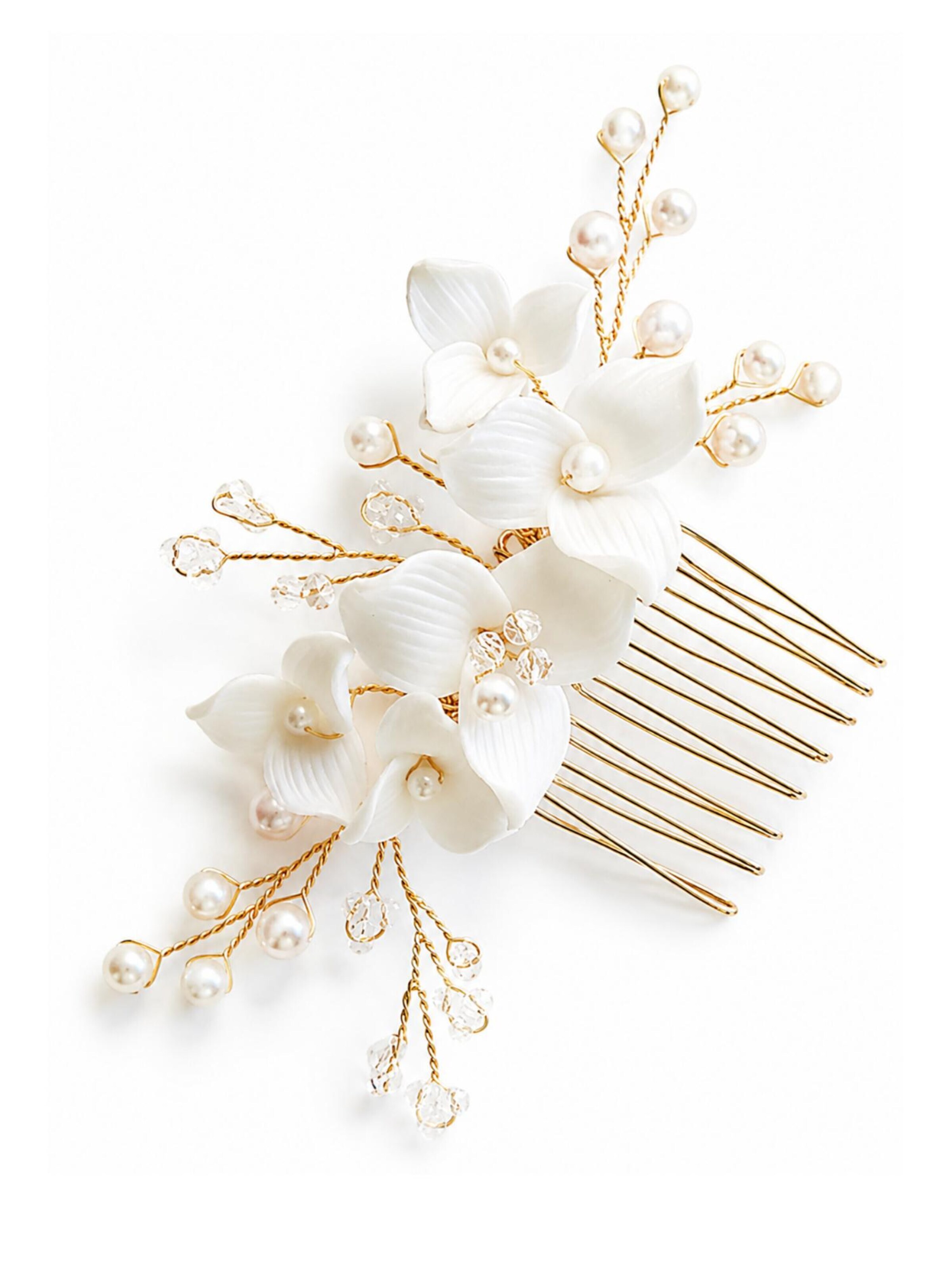 ANNIS WIESBADEN EST. 2021 Hair Jewelry 'Perlen-Kristall-Haarkamm "Élodie" Braut, handgefertigt, gold & silber' in Gold: front