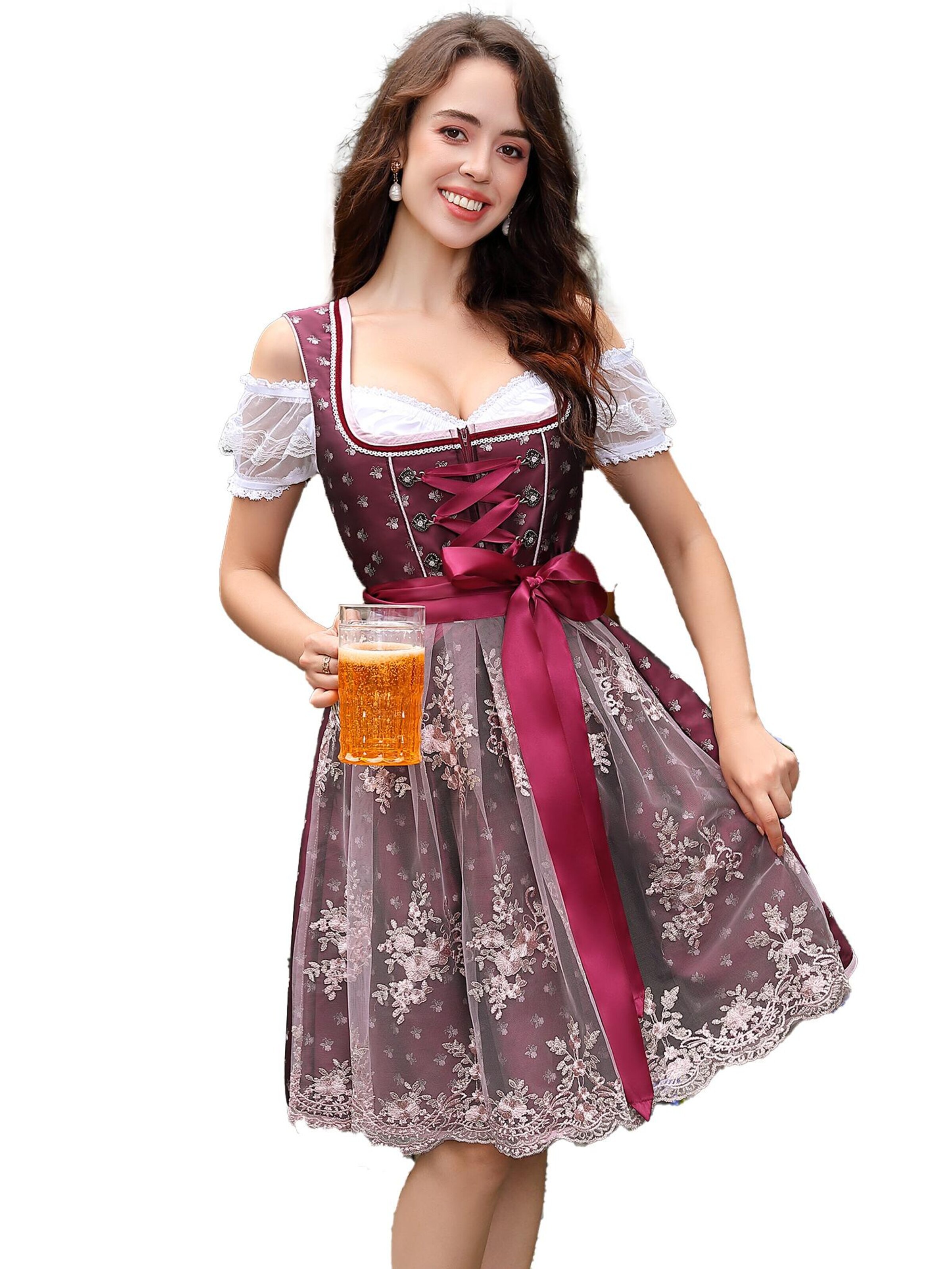 KoJooin Dirndl 'Damen Dirndl 3-teiliges Set,Blumenmuster Jacquard Spitzen Schürze Kleid, Bayerisches Oktoberfest' w kolorze czerwony