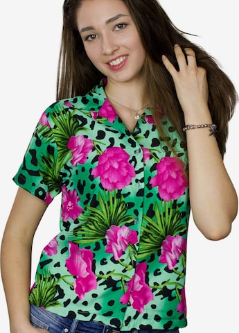 King Kameha Blouse 'Leopard Flowers' in Green: front