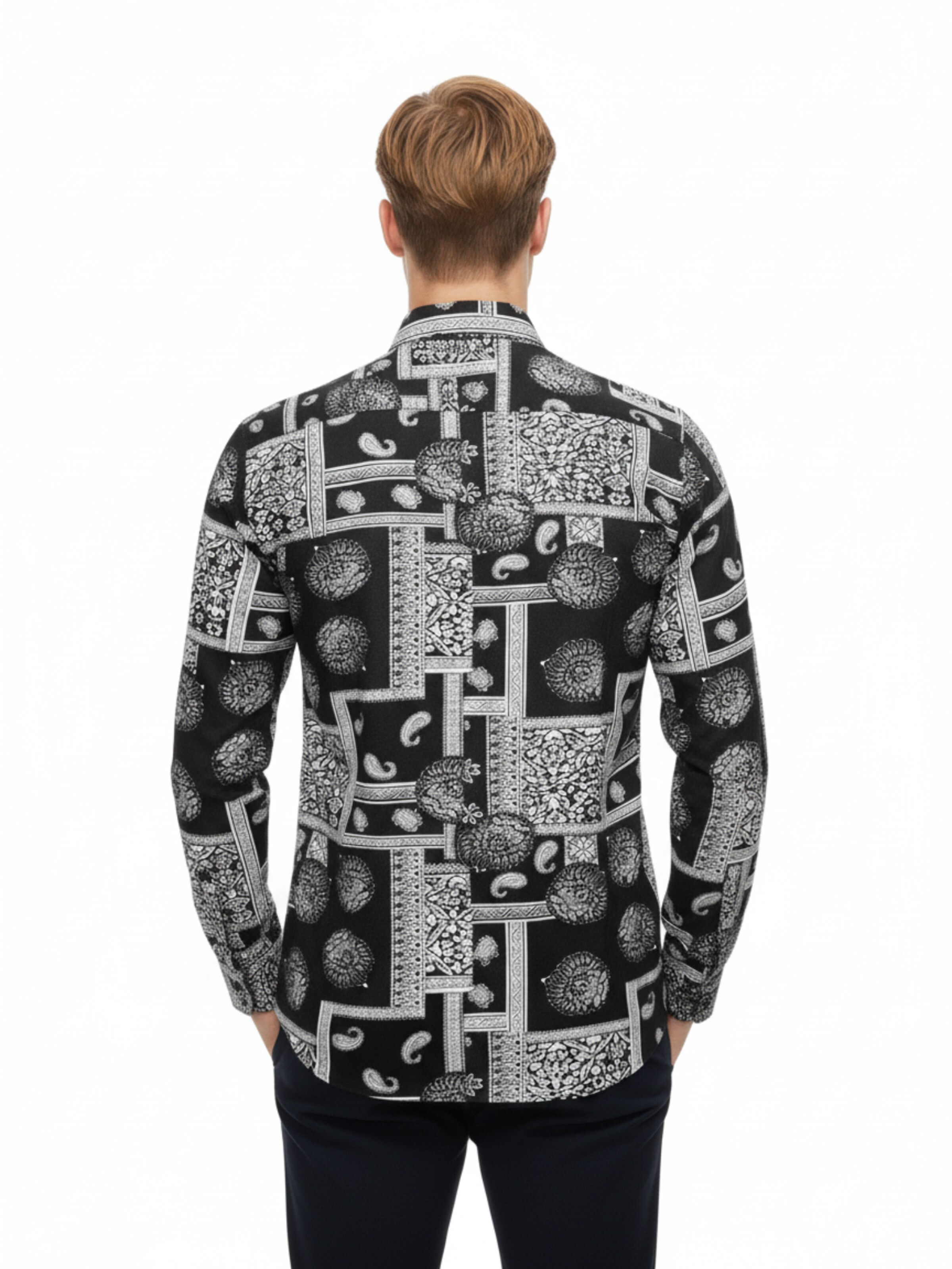 Radwa Regular fit Button Up Shirt 'Men's Viscose multicolor pattern shirt' in Black